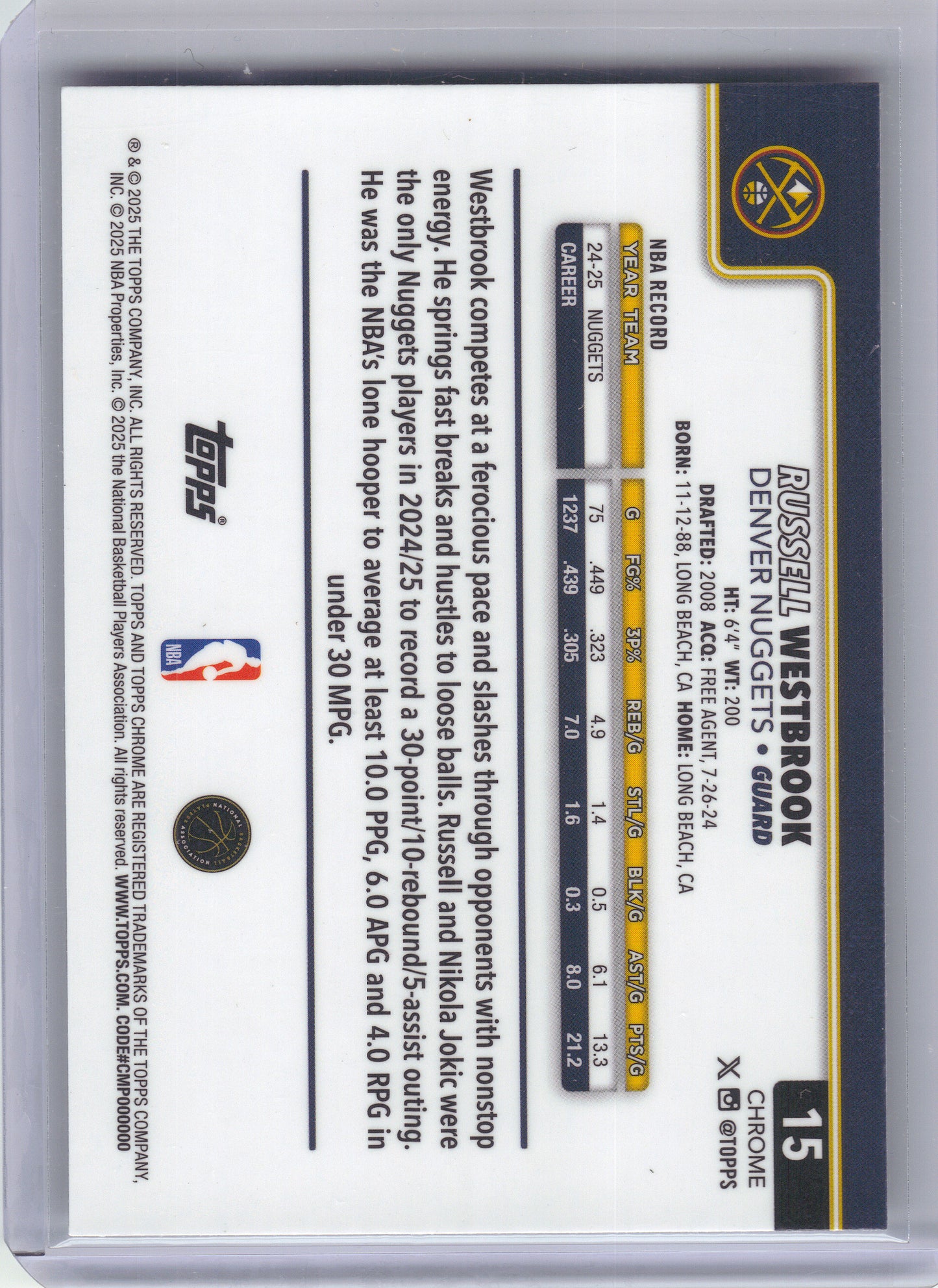 2025-26 Topps Chrome #15 Russell Westbrook Denver Nuggets