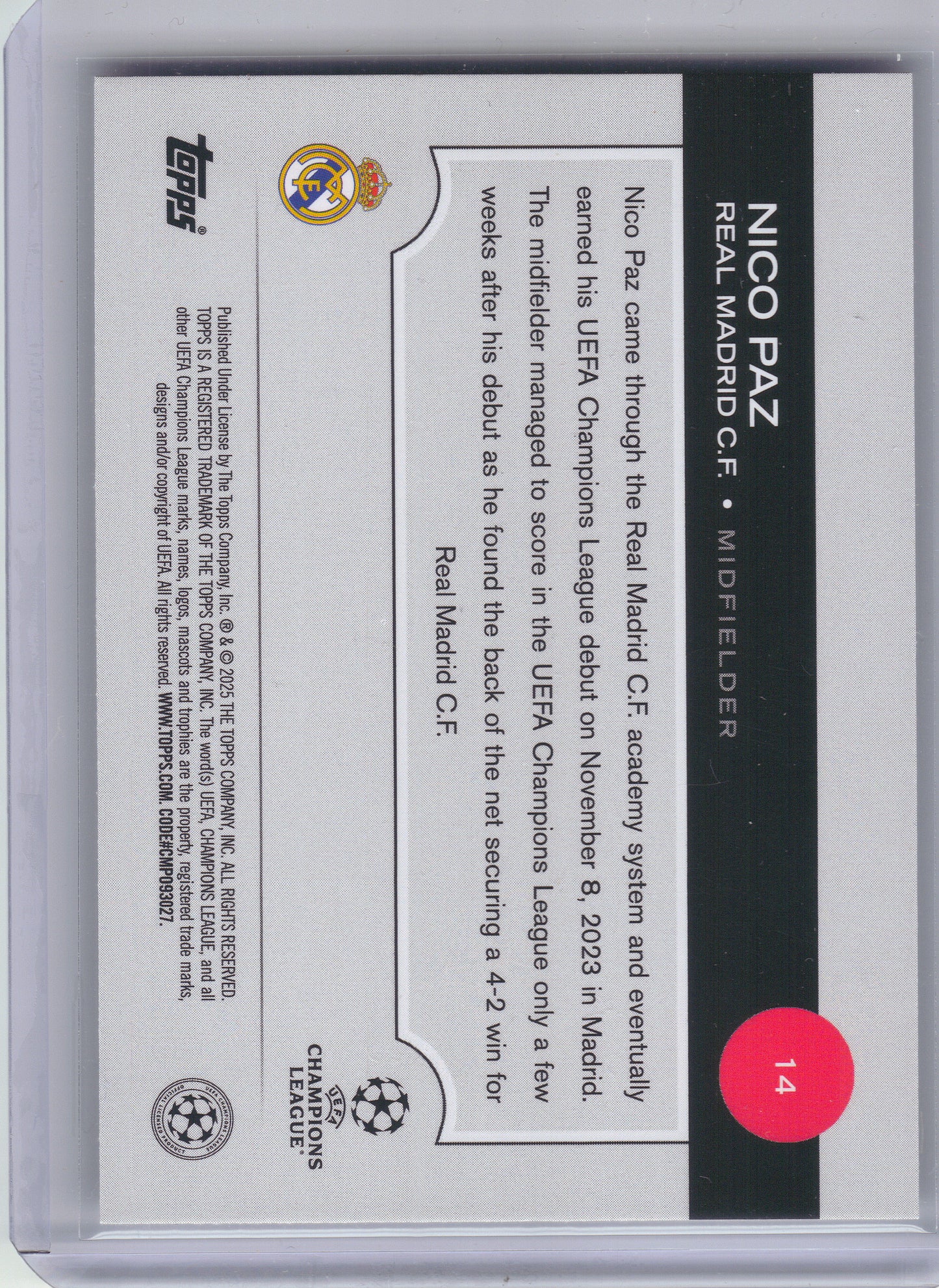 2024-25 Topps UEFA Club Competitions #14 Nico Paz Rain Drops Foil Real Madrid CF