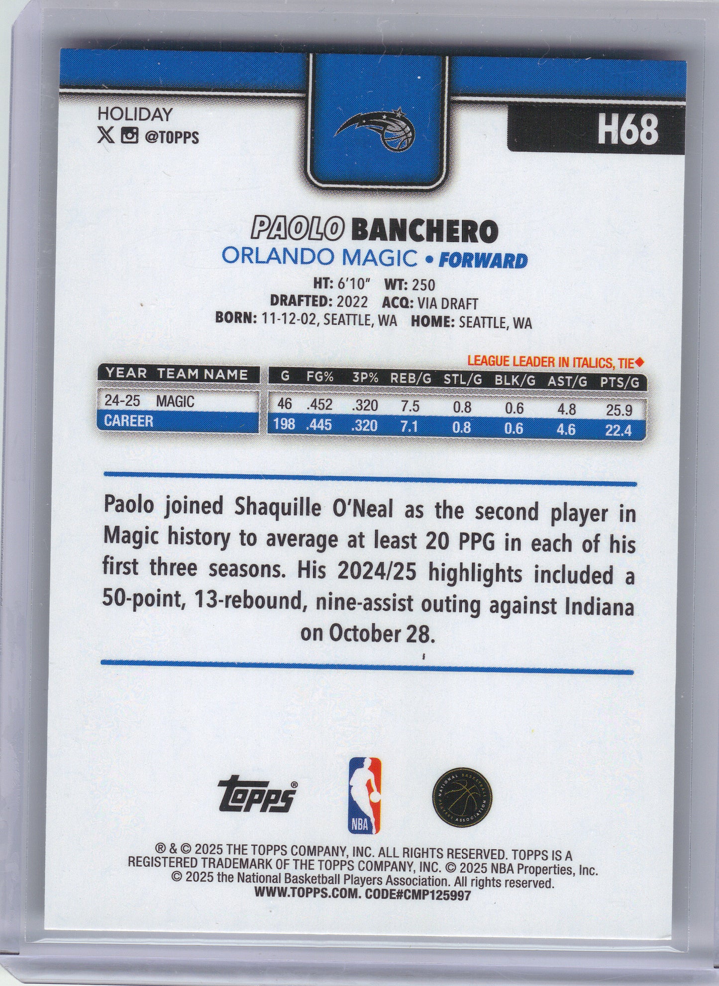 2025-26 Topps Holiday #H68 Paolo Banchero Orlando Magic