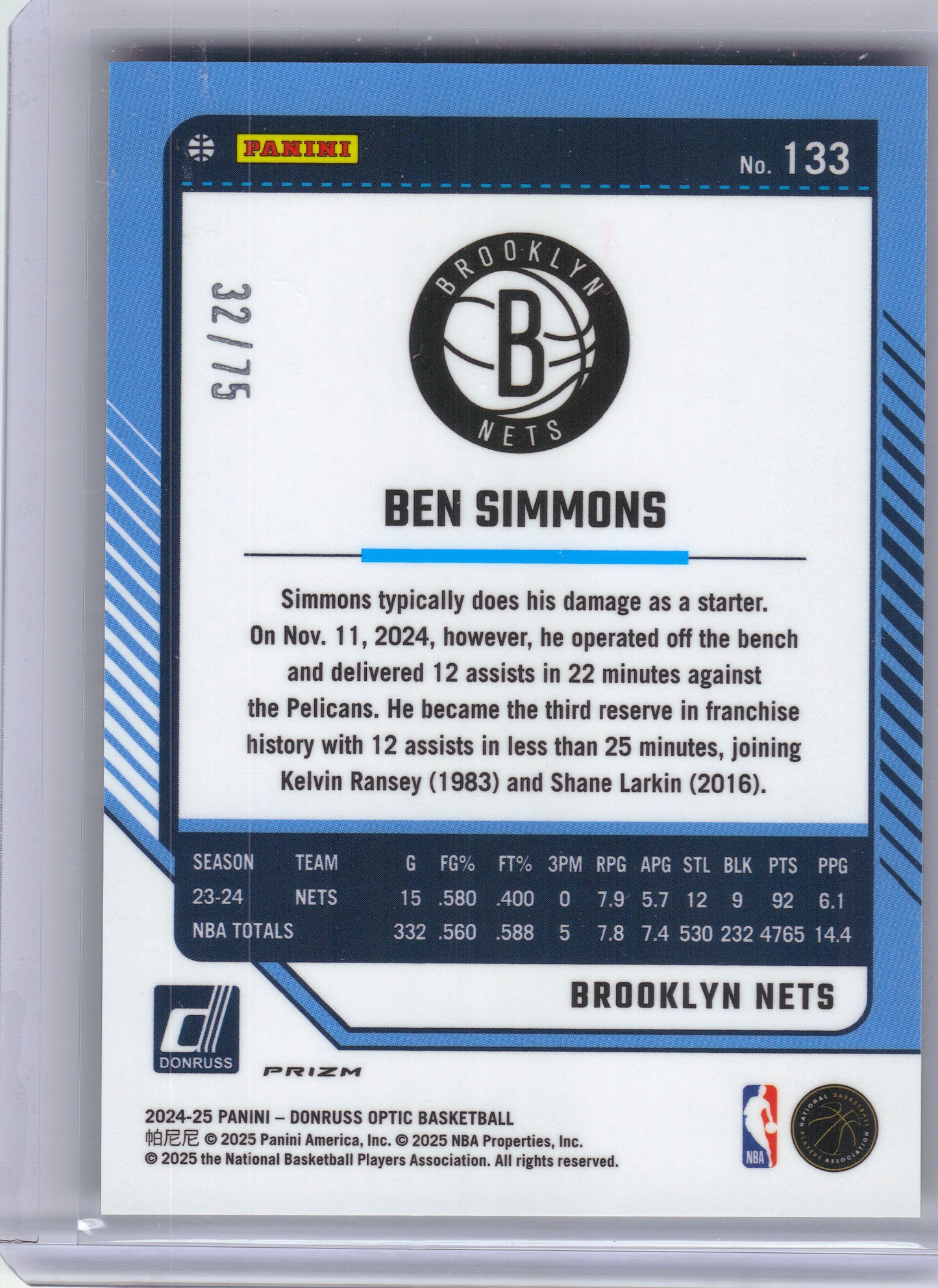 2024-25 Donruss Optic #133 Ben Simmons Electricity International #/75 Brooklyn Nets SN