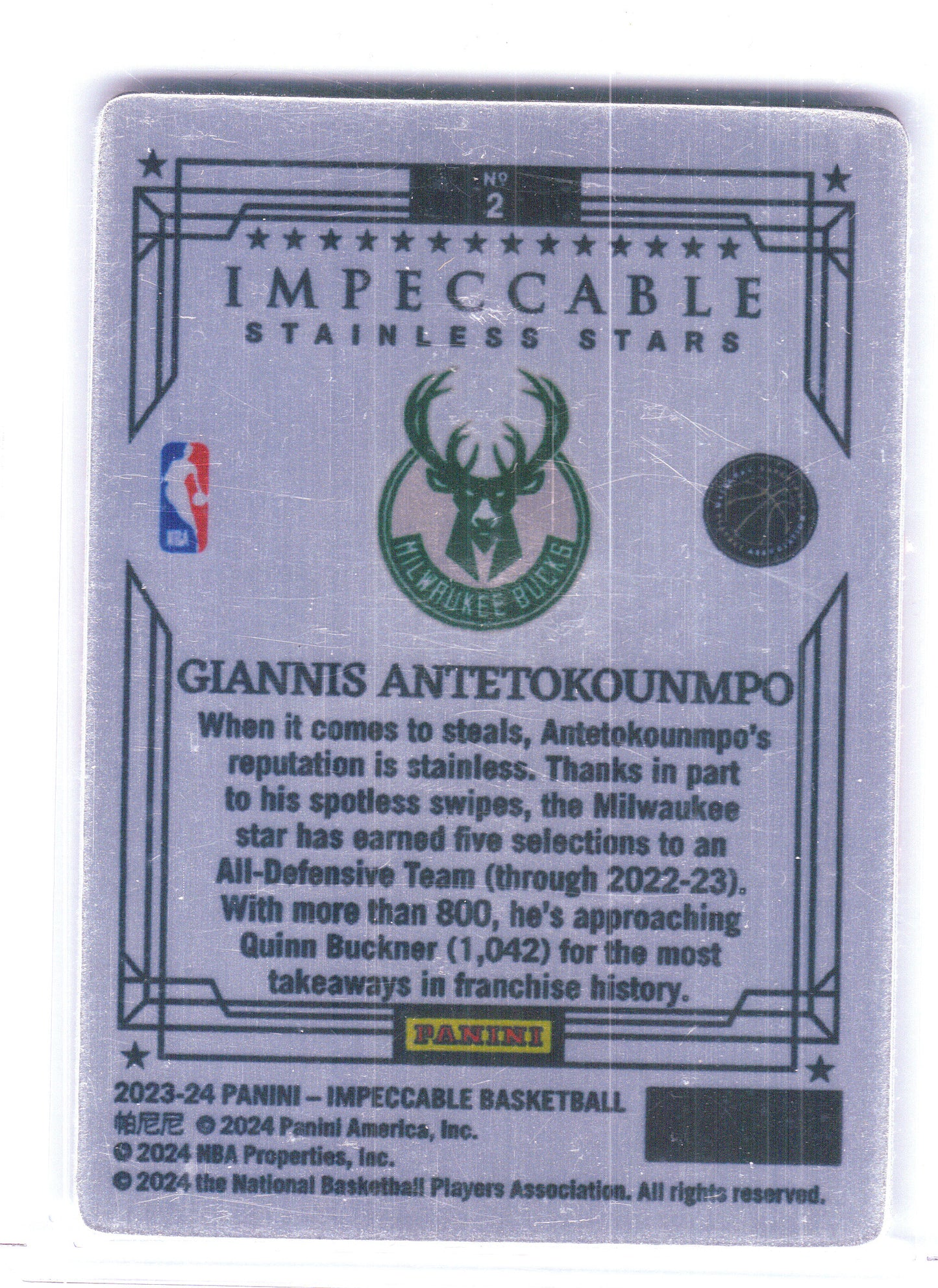 2023-24 Panini Impeccable #2 Giannis Antetokounmpo Stainless Stars Milwaukee Bucks