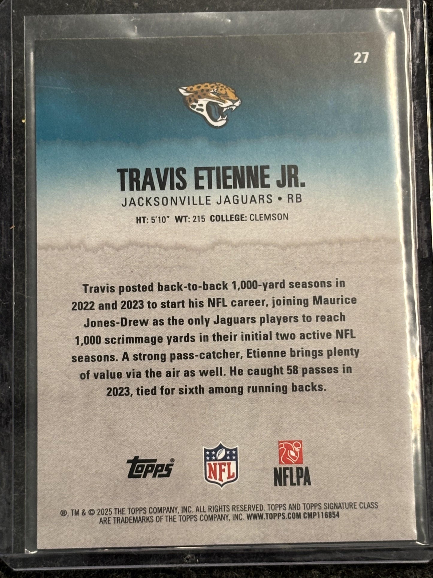 2025 Topps Signature Class #27 Travis Etienne Jr. Blue & Yellow Jacksonville Jaguars