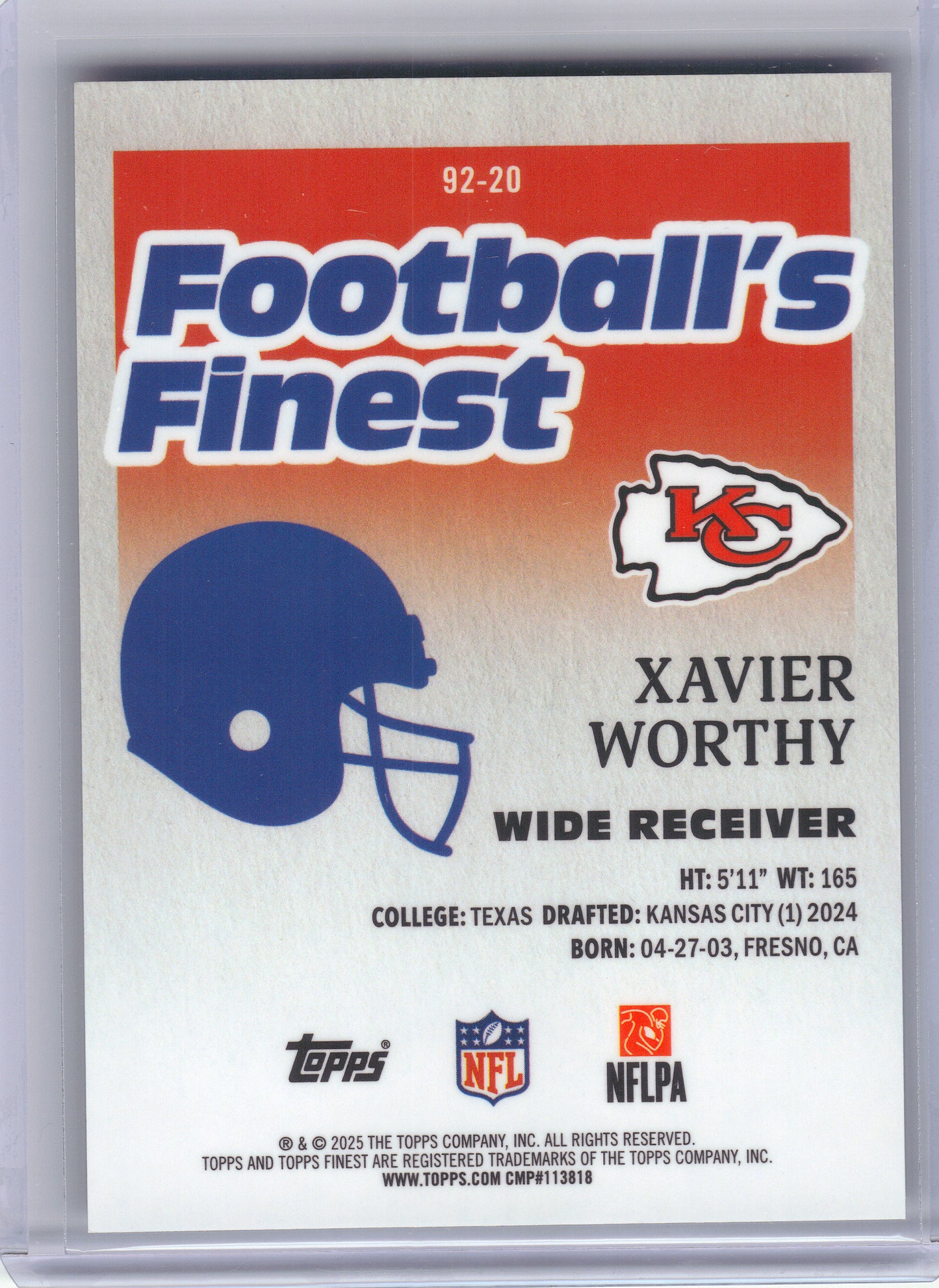 2025 Finest #92-20 Xavier Worthy 92 Finest #/92 Kansas City Chiefs SN