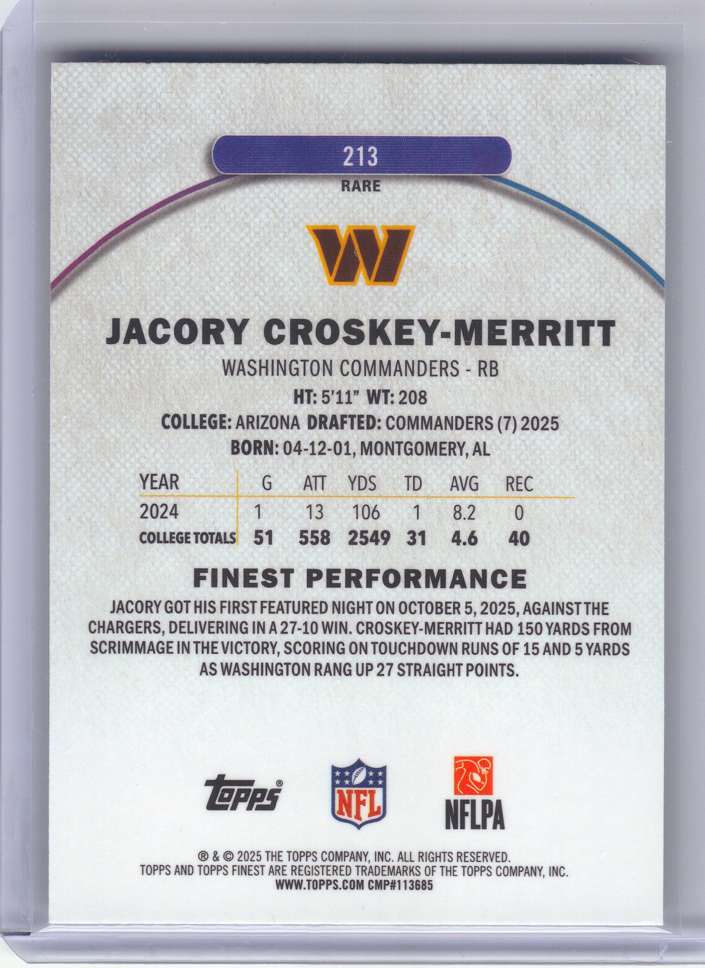 2025 Finest #213 Jacory Croskey-Merritt Purple Refractor #/125 Washington Commanders SN, Rookie