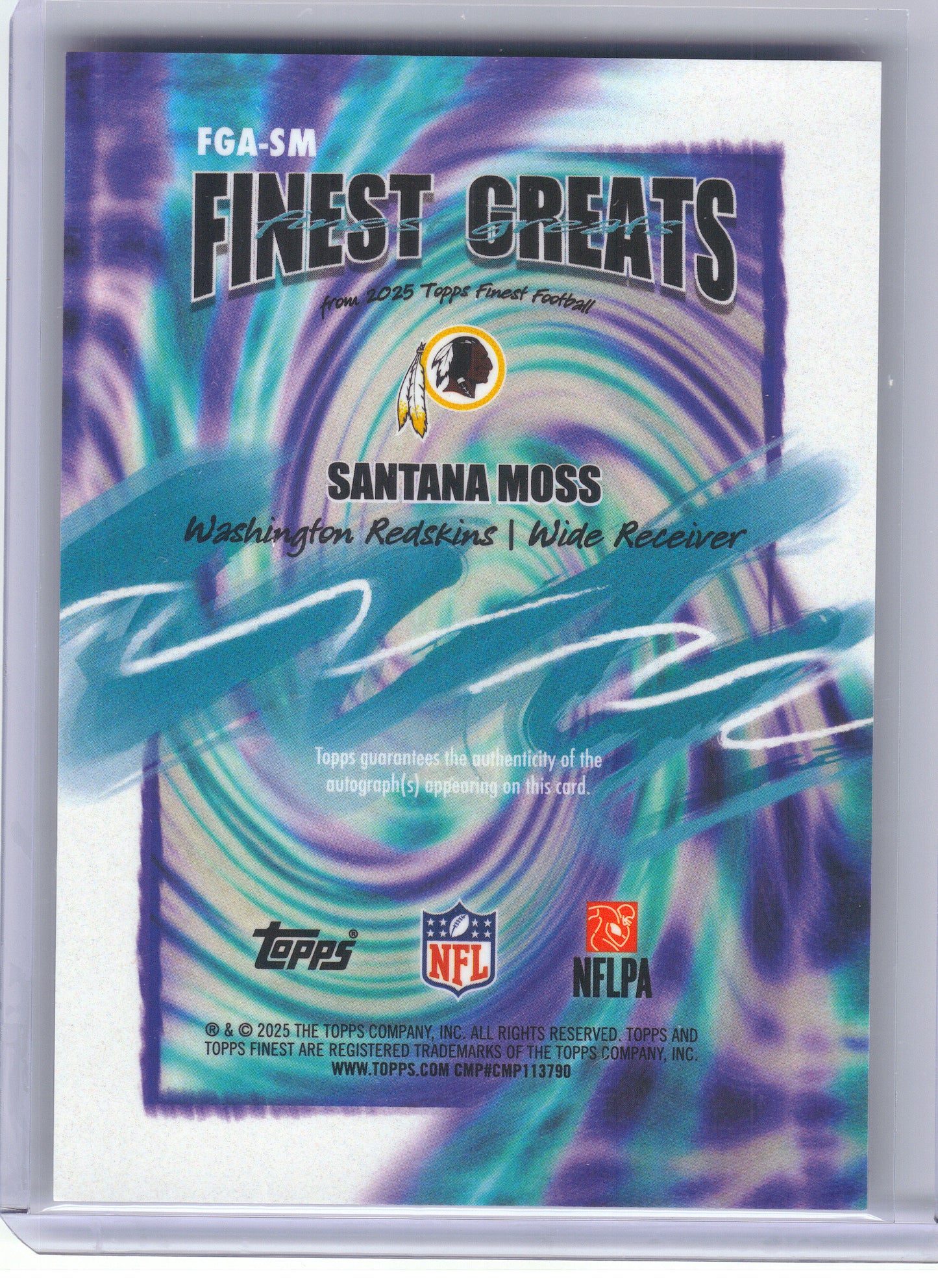2025 Finest #FGA-SM Santana Moss Finest Greats Autographs Washington Redskins Auto