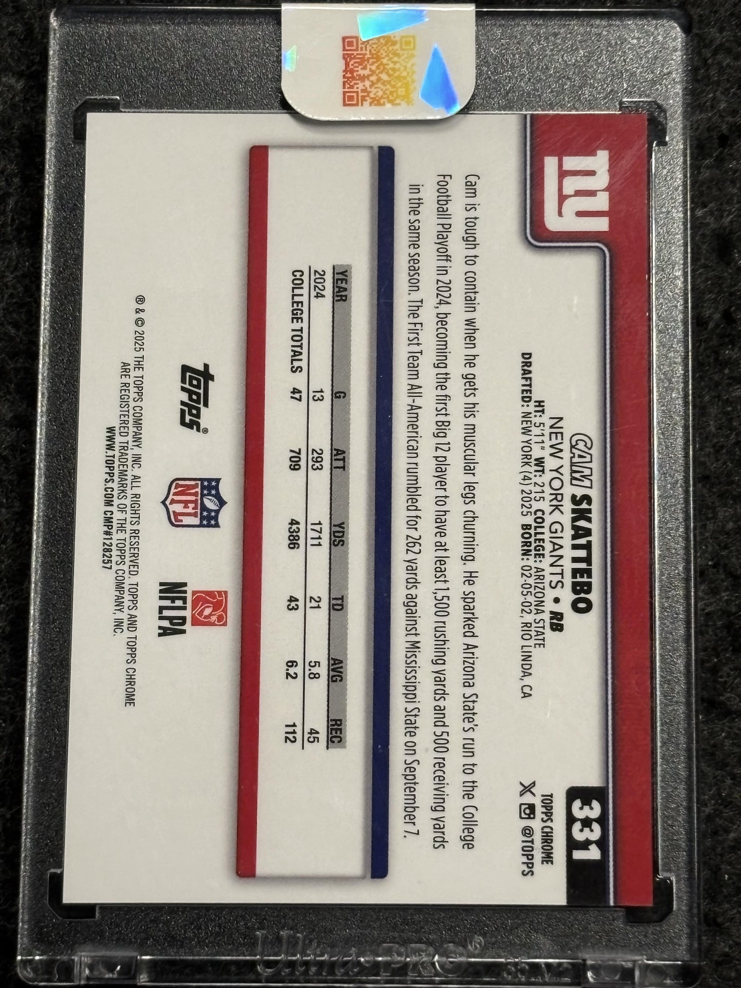 2025 Topps Chrome #331 Cam Skattebo Gold Refractor True Gold New York Giants SN, Rookie