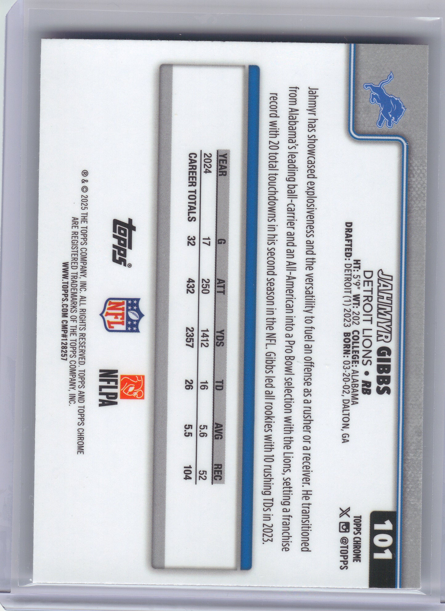 2025 Topps Chrome #101 Jahmyr Gibbs Pulsar Refractor Detroit Lions