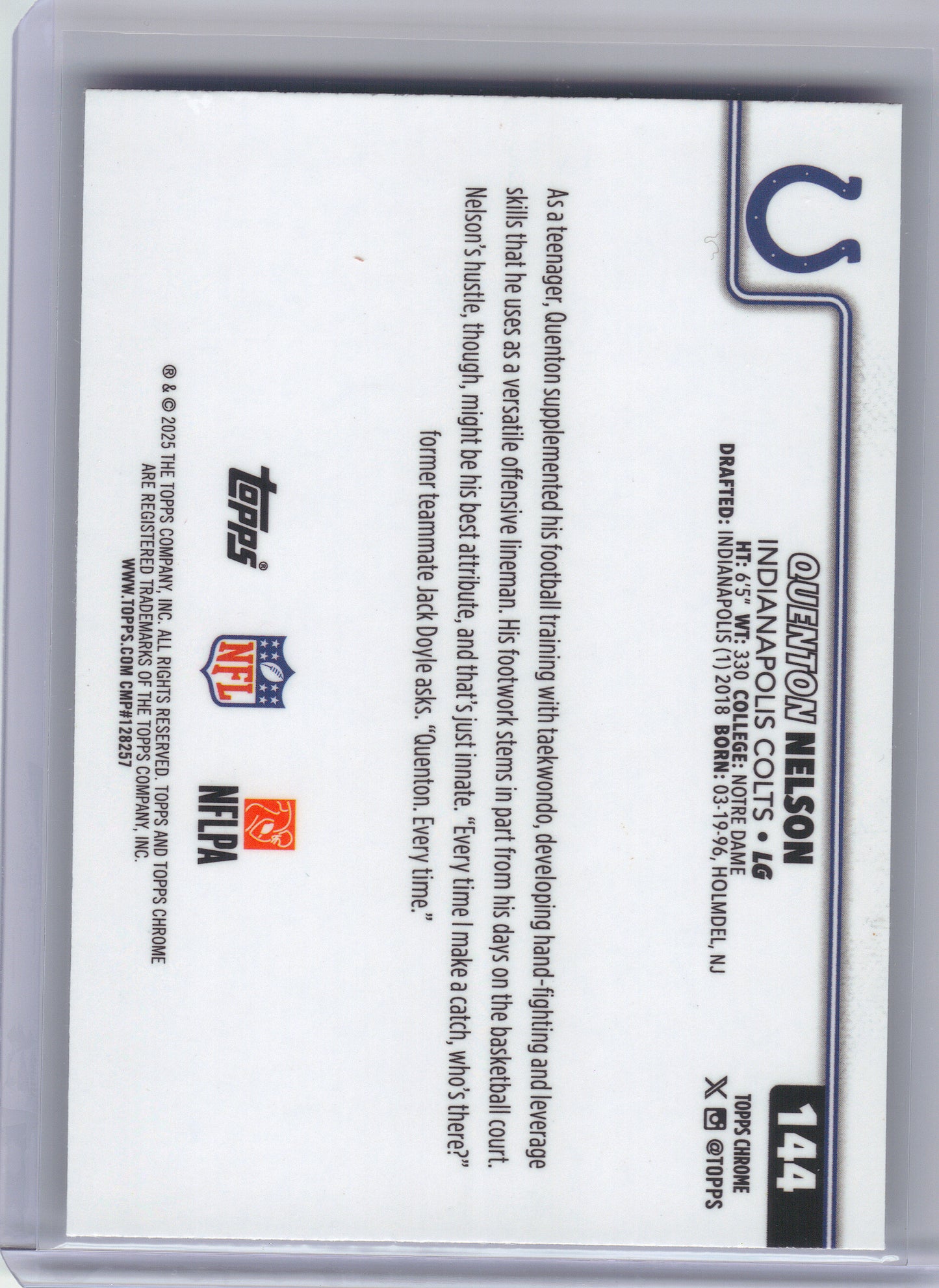 2025 Topps Chrome #144 Quenton Nelson Ray Wave Refractor Indianapolis Colts