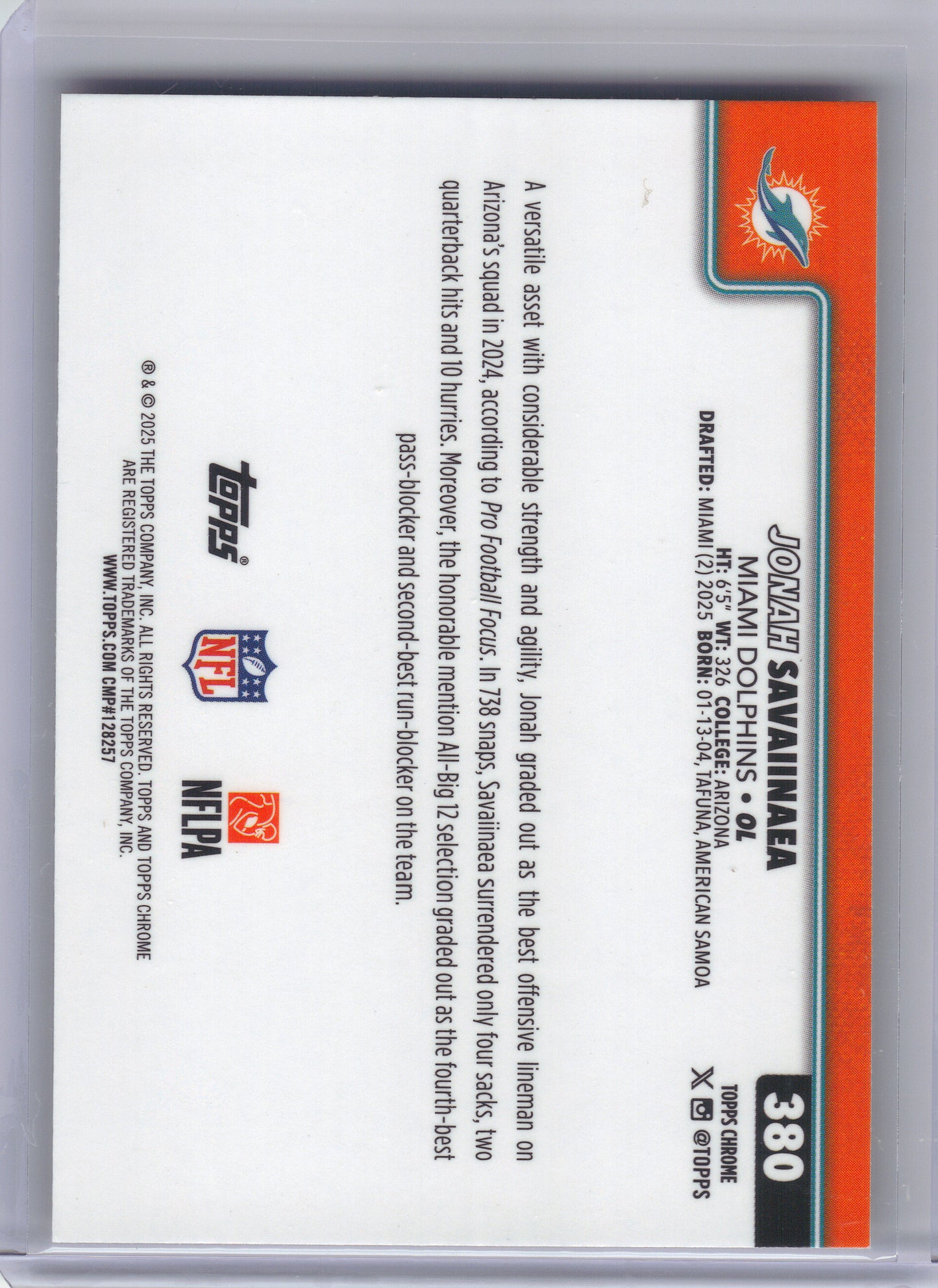 2025 Topps Chrome #380 Jonah Savaiinaea Football Leather Refractor Miami Dolphins Rookie