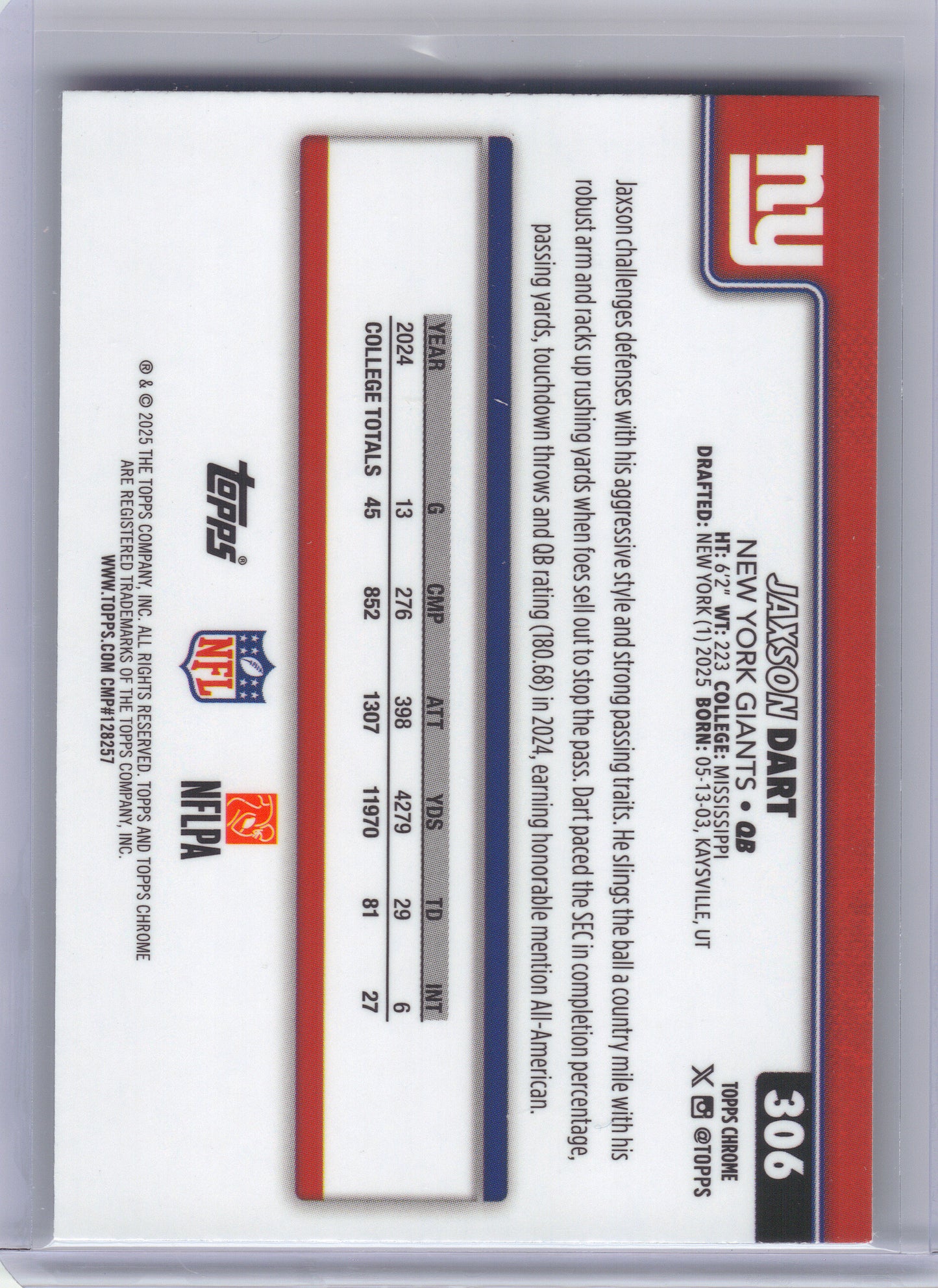 2025 Topps Chrome #306 Jaxson Dart New York Giants Rookie