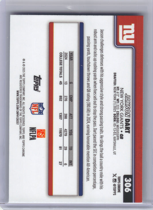 2025 Topps Chrome #306 Jaxson Dart New York Giants Rookie