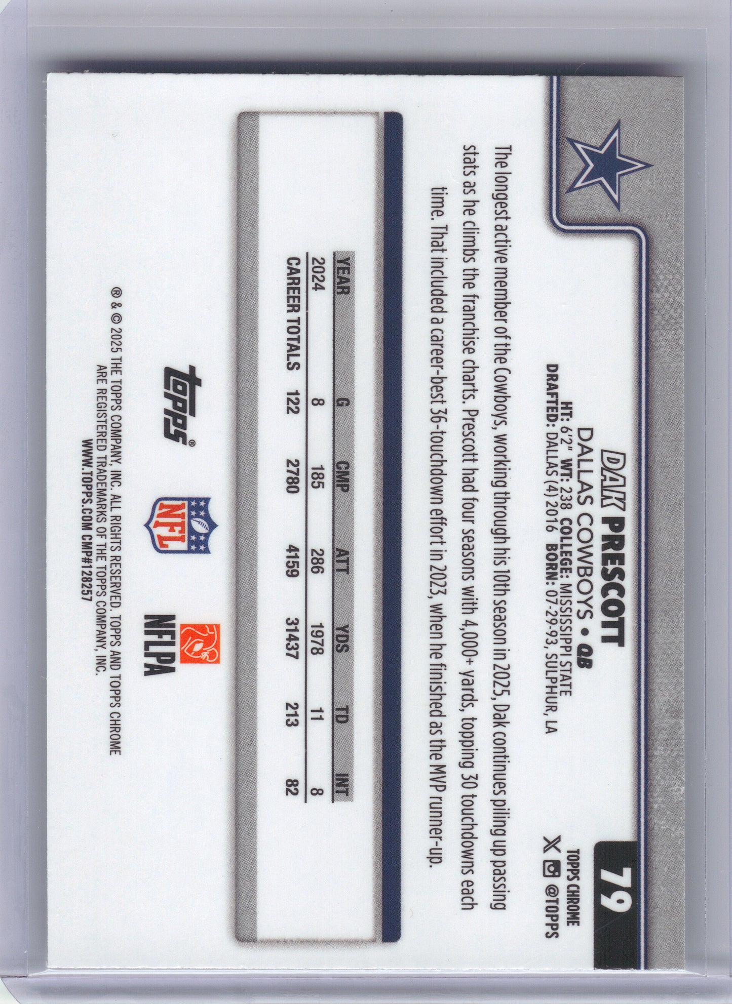 2025 Topps Chrome #79 Dak Prescott Ray Wave Refractor Dallas Cowboys