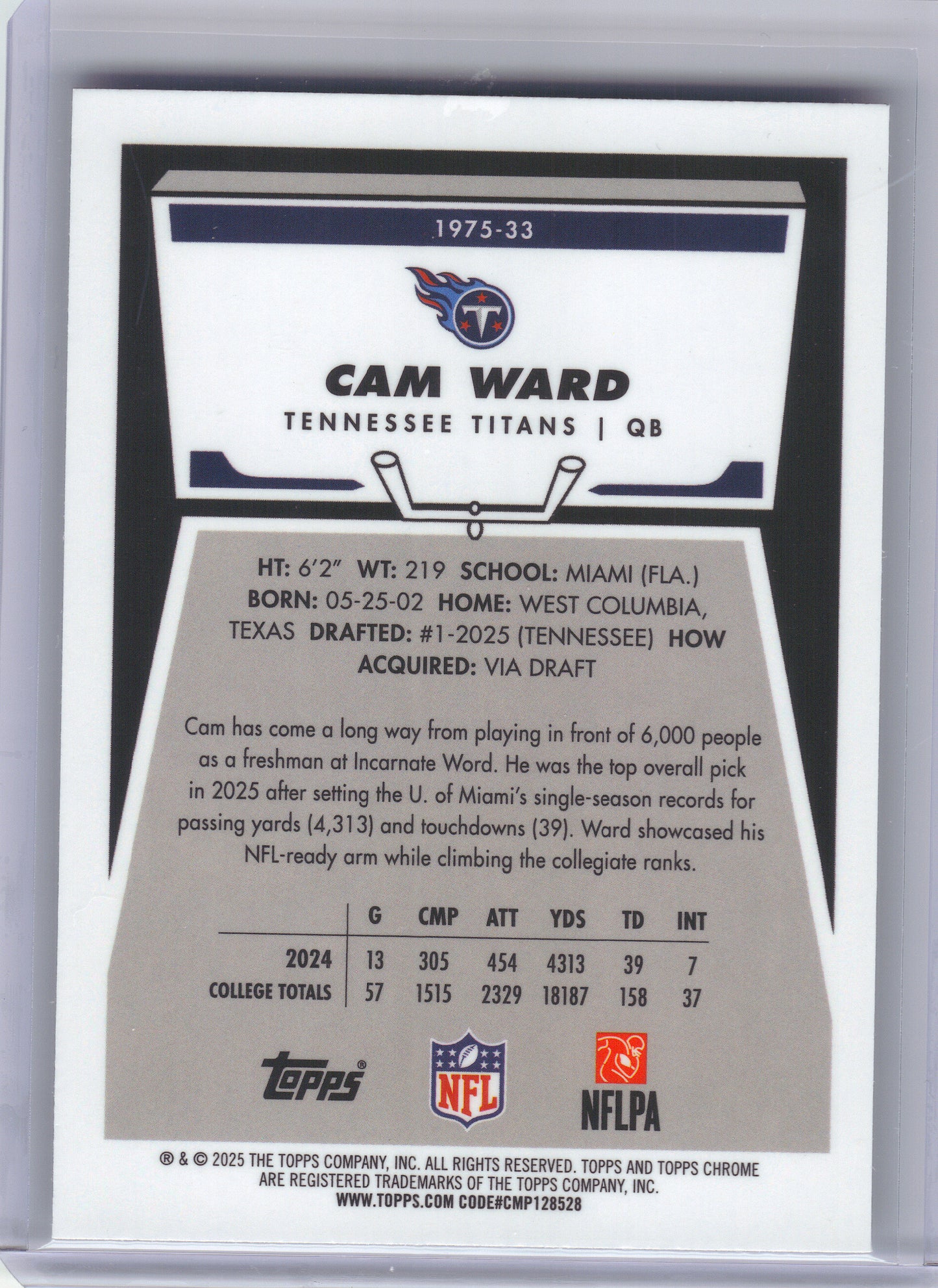 2025 Topps Chrome #1975-33 Cam Ward 1975 Topps Tennessee Titans