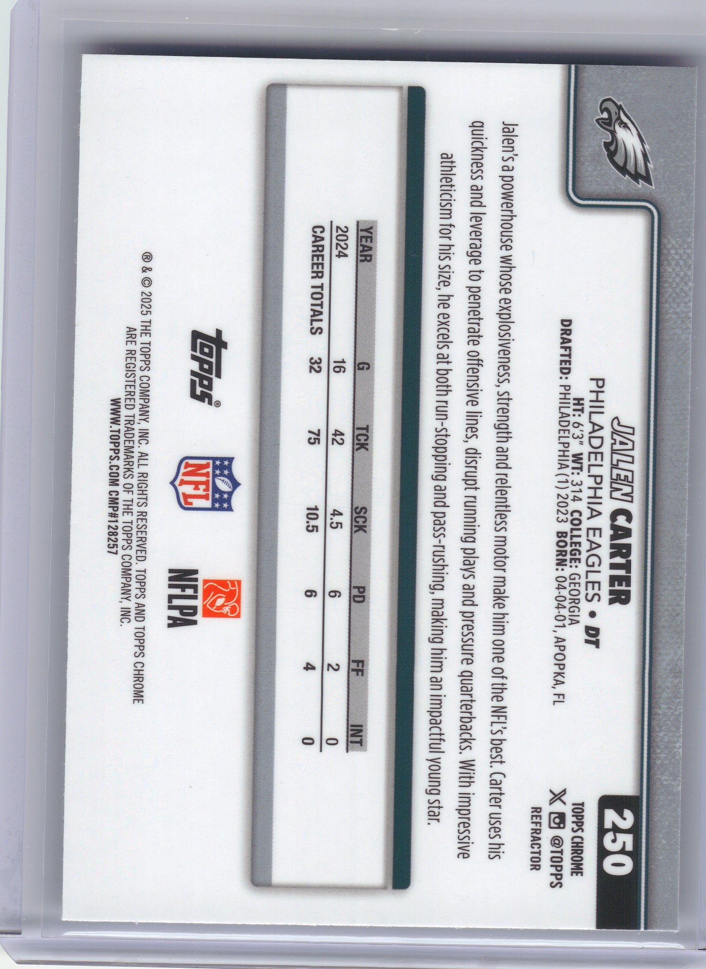 2025 Topps Chrome #250 Jalen Carter Refractor Philadelphia Eagles