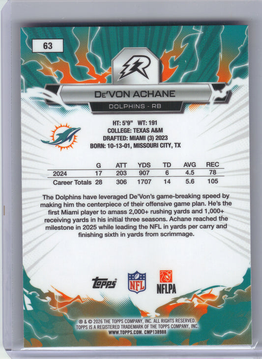 2025 Topps Resurgence #63 De’Von Achane Blue & Orange Spark Refractor Miami Dolphins