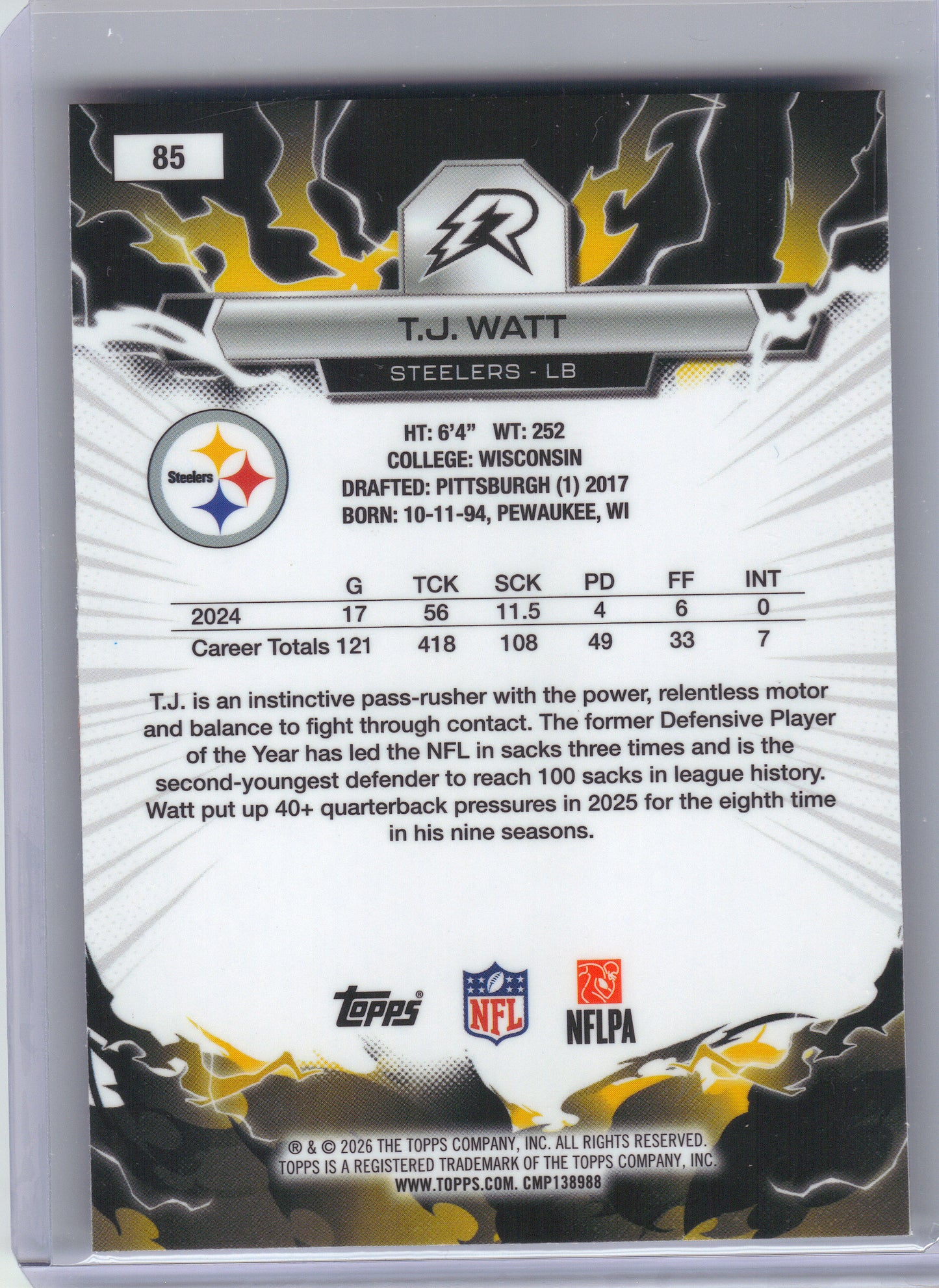 2025 Topps Resurgence #85 T.J. Watt Blue & Orange Spark Refractor Pittsburgh Steelers
