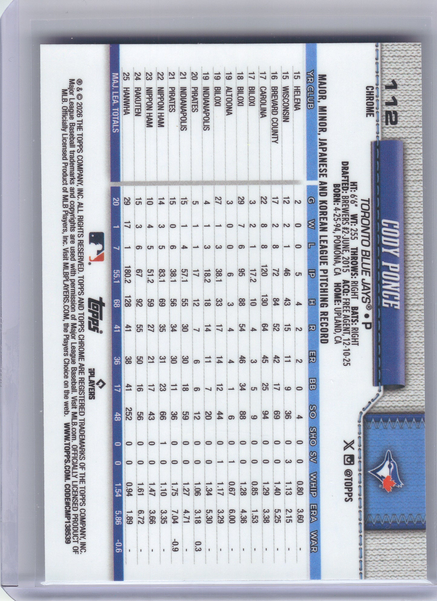 2026 Topps Chrome #112 Cody Ponce X-Fractors Toronto Blue Jays RC
