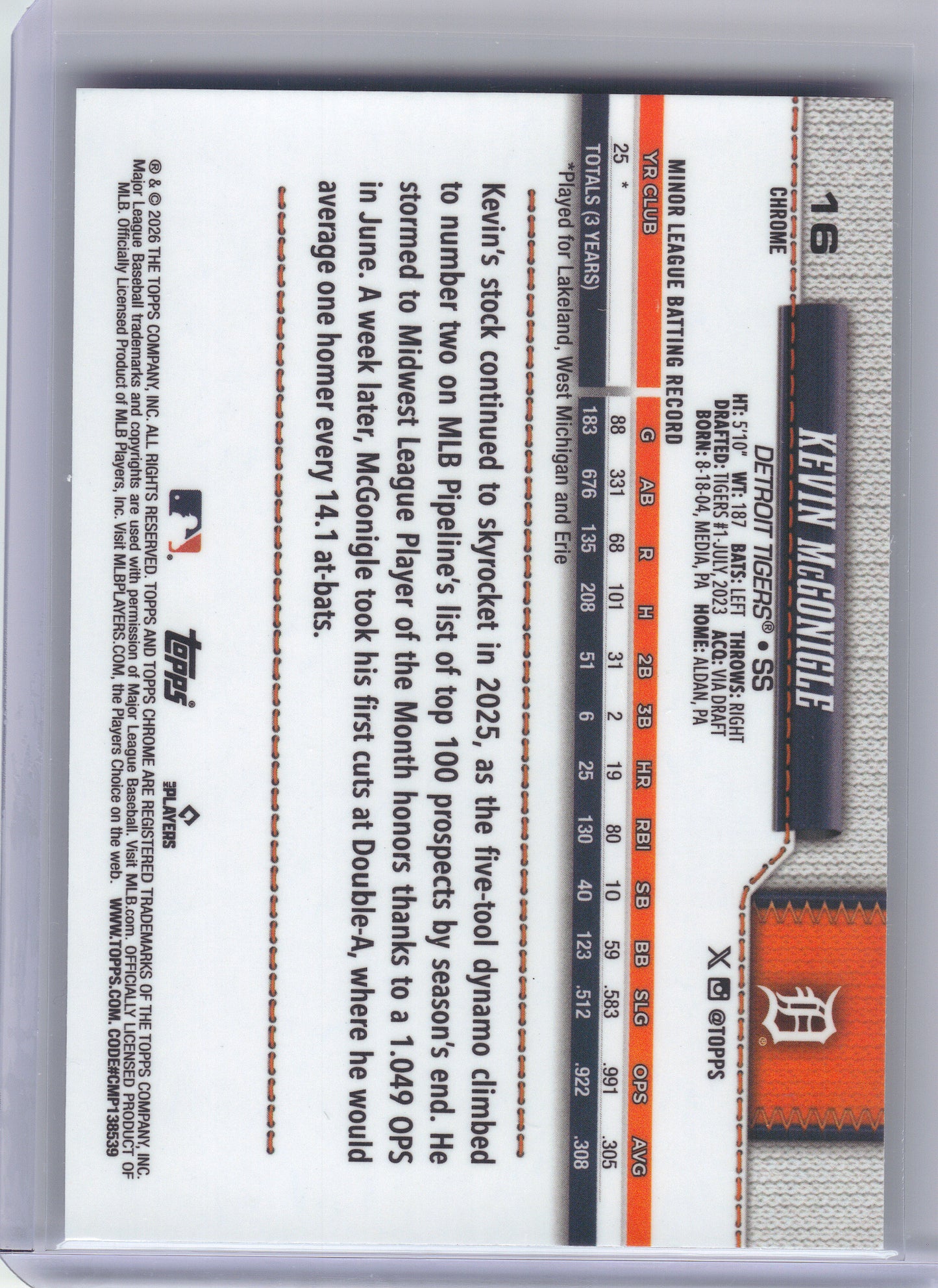2026 Topps Chrome #16 Kevin McGonigle X-Fractors Detroit Tigers RC