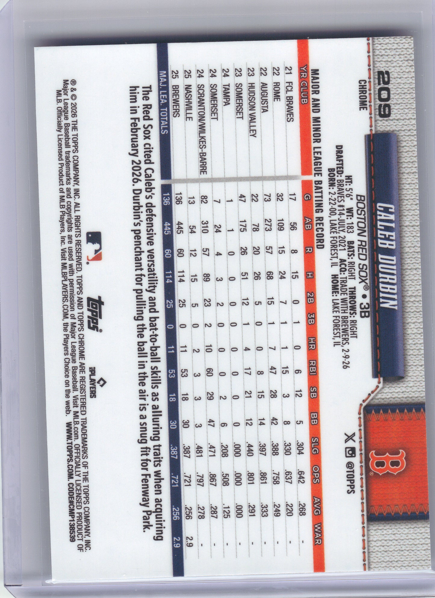 2026 Topps Chrome #209 Caleb Durbin X-Fractors Boston Red Sox