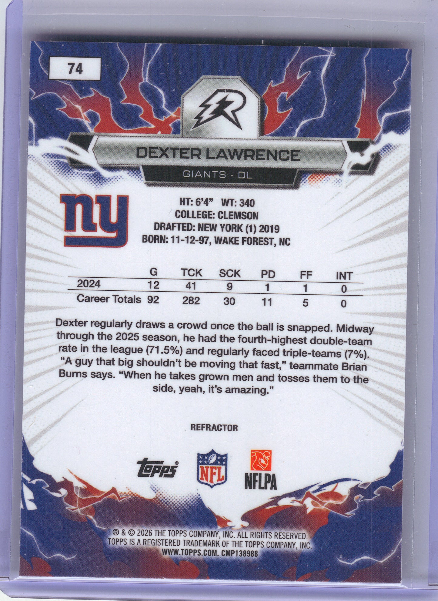 2025 Topps Resurgence #74 Dexter Lawrence Refractor New York Giants