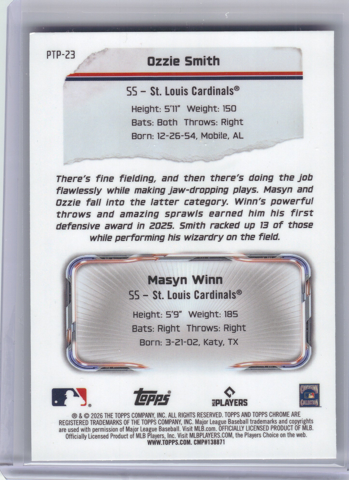 2026 Topps Chrome #PTP-23 Ozzie Smith / Masyn Winn Past to Present St. Louis Cardinals
