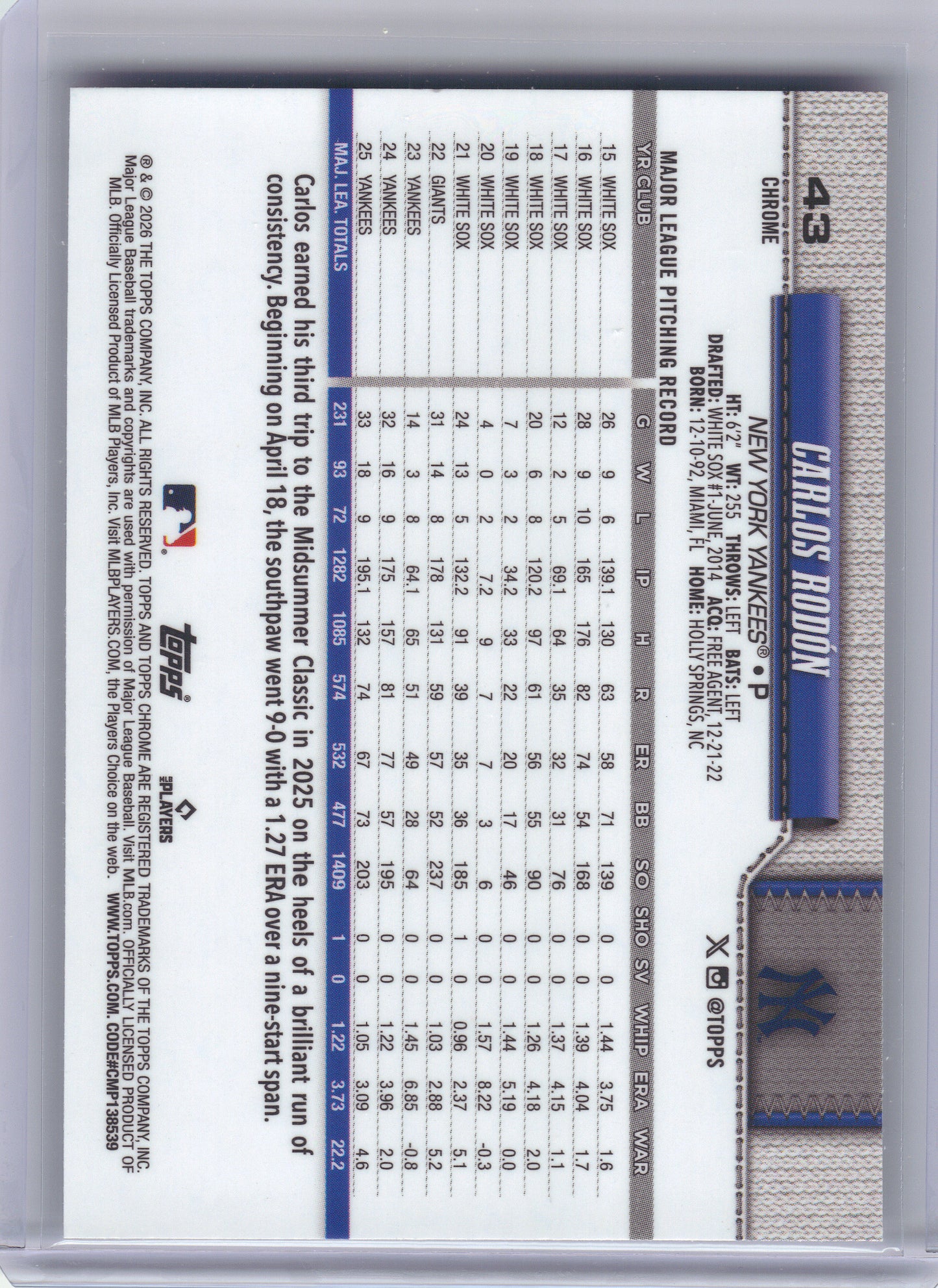 2026 Topps Chrome #43 Carlos Rodón X-Fractors New York Yankees
