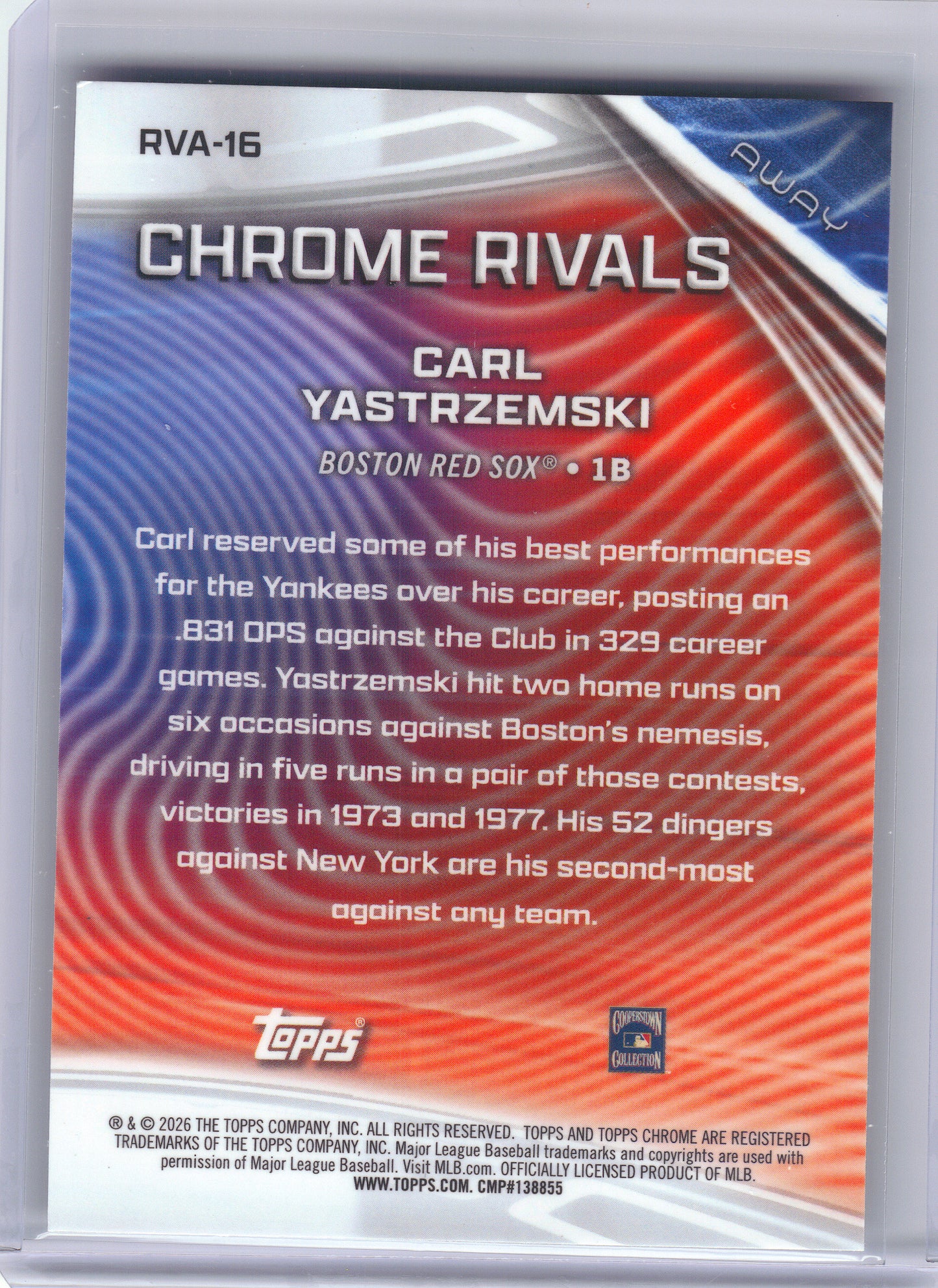 2026 Topps Chrome #RVA-16 Carl Yastrzemski Chrome Rivals Away Boston Red Sox