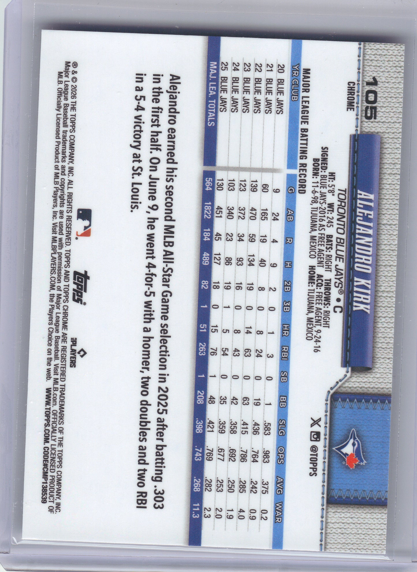 2026 Topps Chrome #105 Alejandro Kirk X-Fractors Toronto Blue Jays