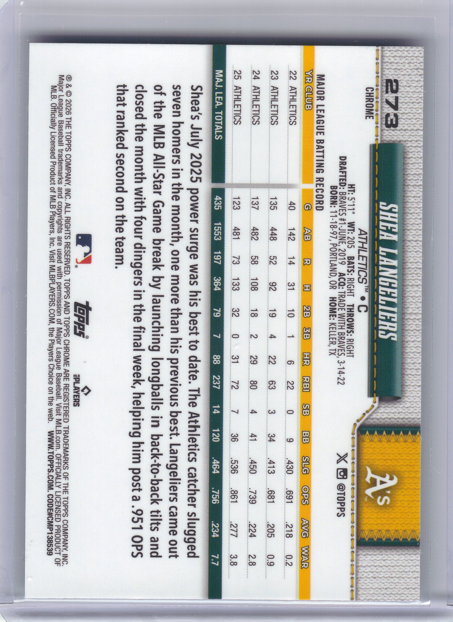 2026 Topps Chrome #273 Shea Langeliers Aqua X-Fractors #/199 Athletics SN