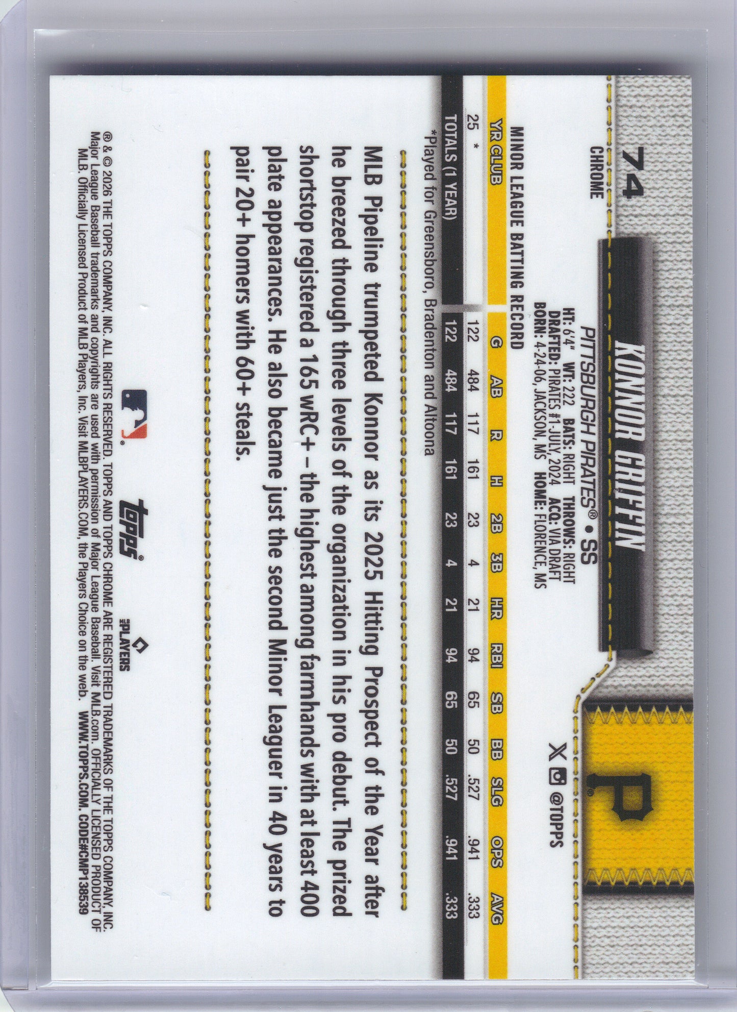 2026 Topps Chrome #74 Konnor Griffin X-Fractors Pittsburgh Pirates RC
