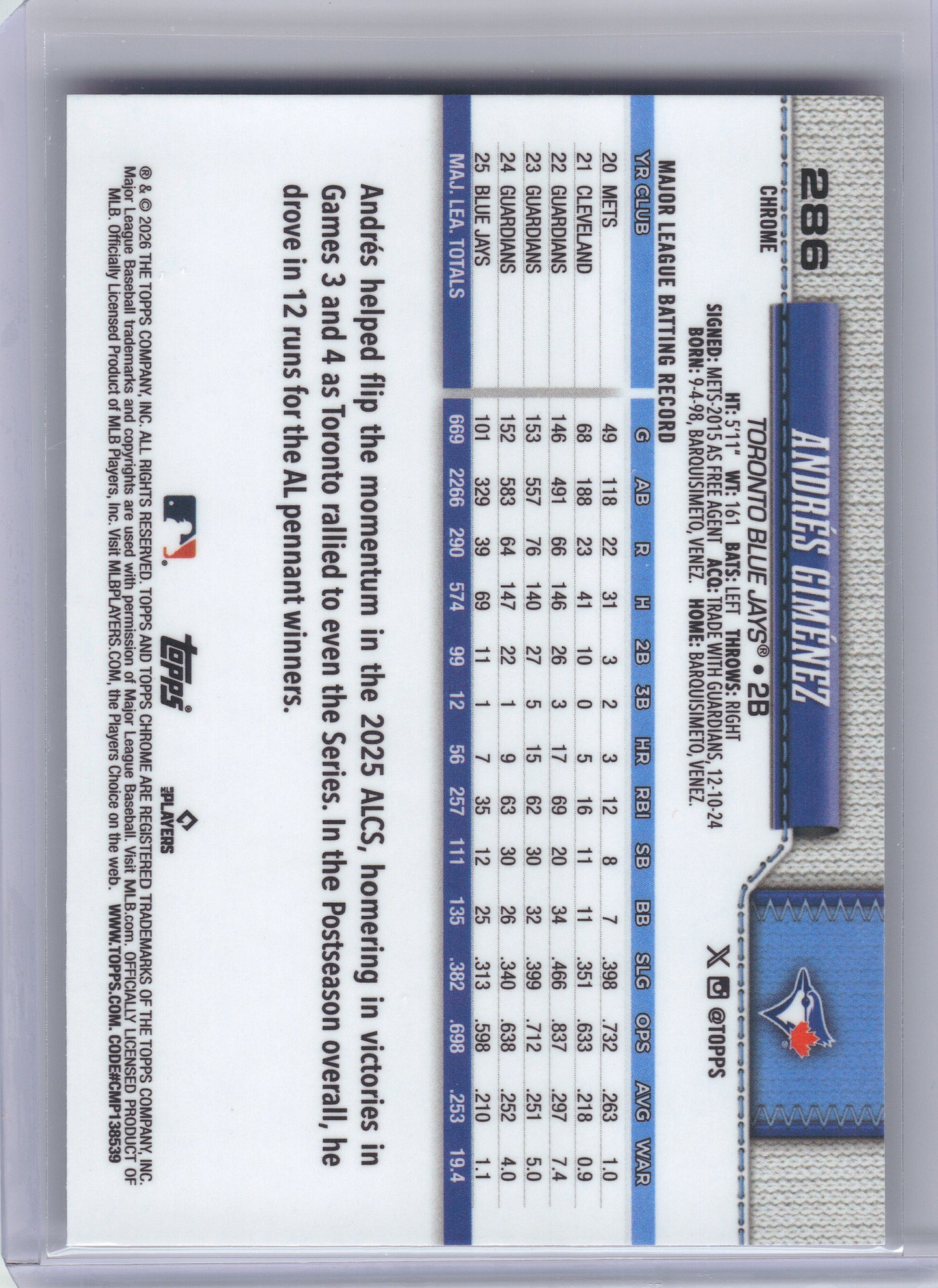 2026 Topps Chrome #286 Andrés Giménez X-Fractors Toronto Blue Jays