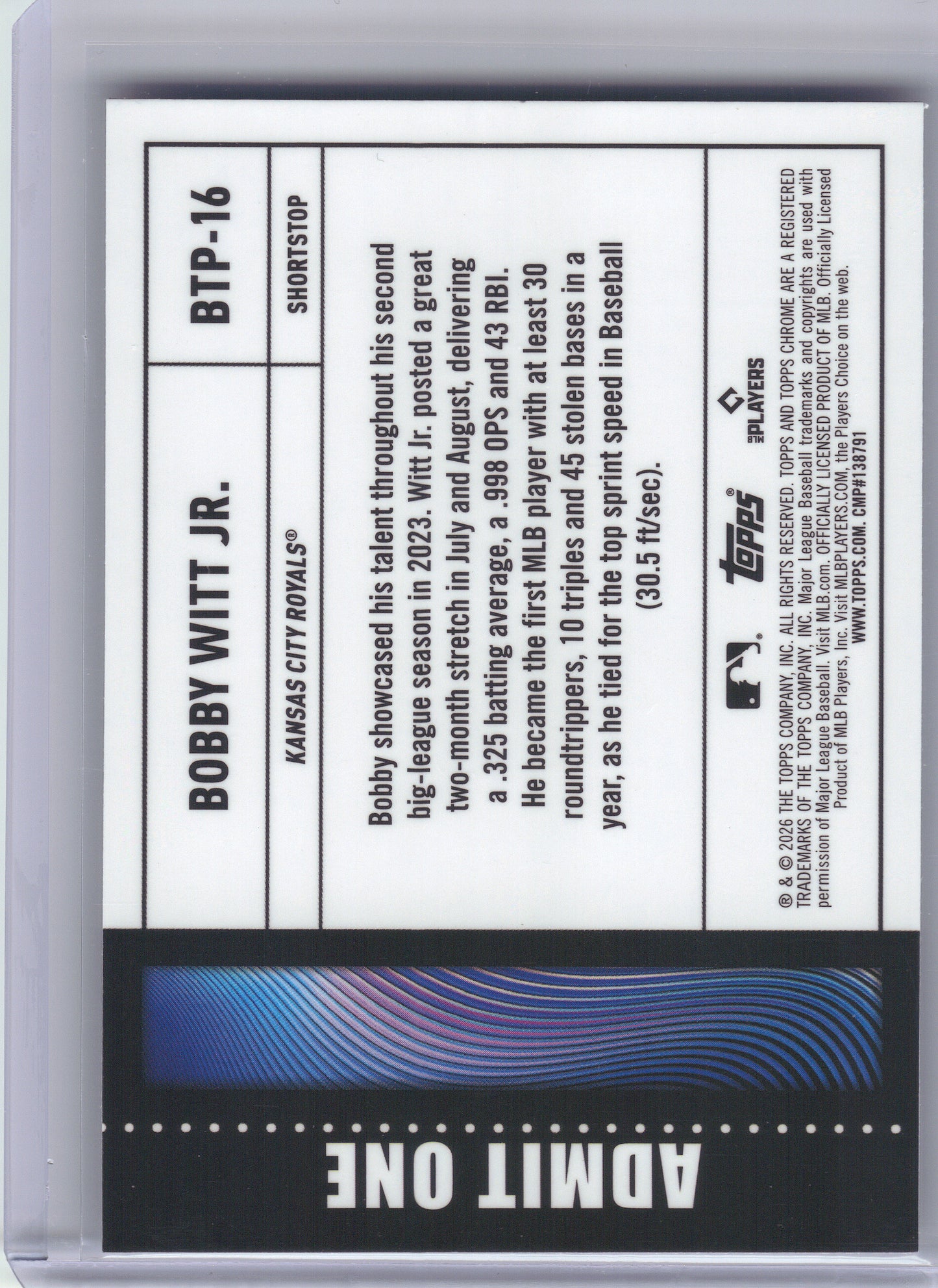2026 Topps Chrome #BTP-16 Bobby Witt Jr. Big Ticket Players Kansas City Royals