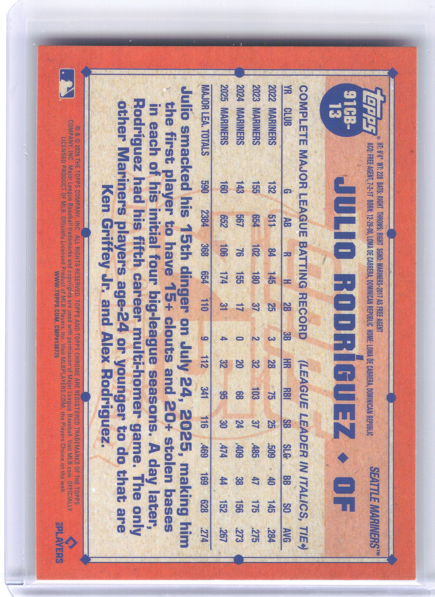 2026 Topps Chrome #91CB-13 Julio Rodríguez 1991 Topps Baseball 35th Anniversary Seattle Mariners