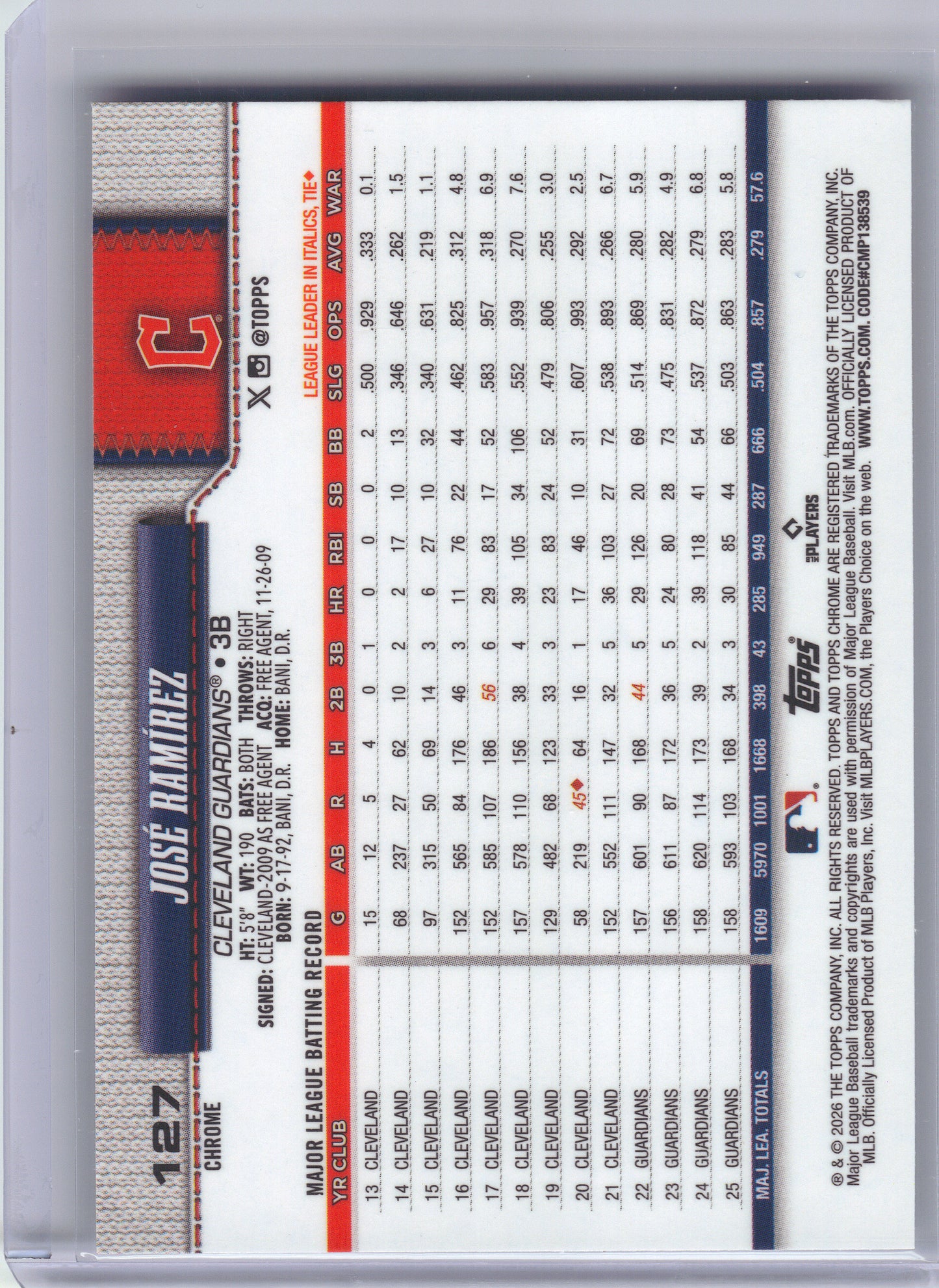 2026 Topps Chrome #127 José Ramírez X-Fractors Cleveland Guardians