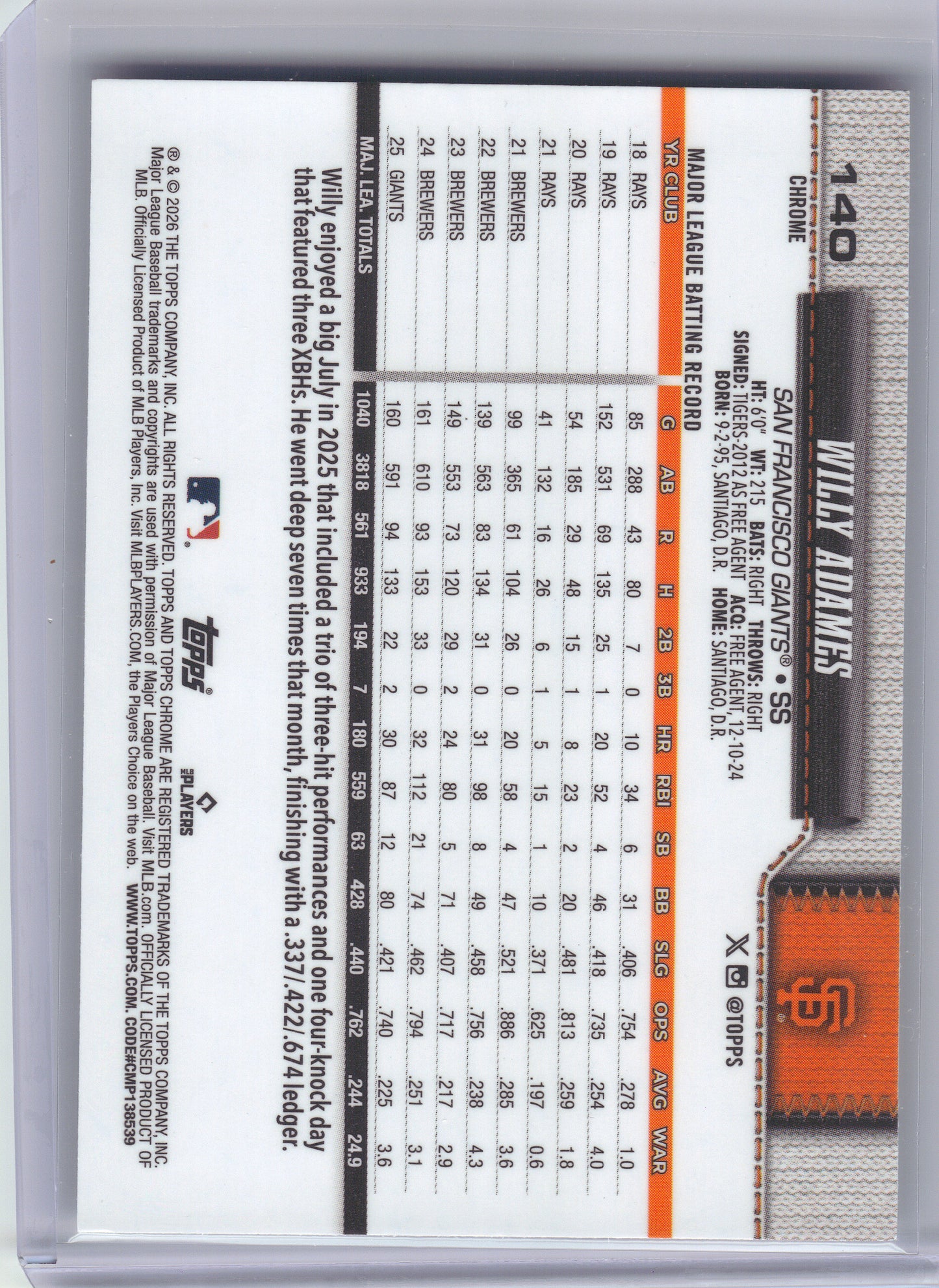 2026 Topps Chrome #140 Willy Adames X-Fractors San Francisco Giants
