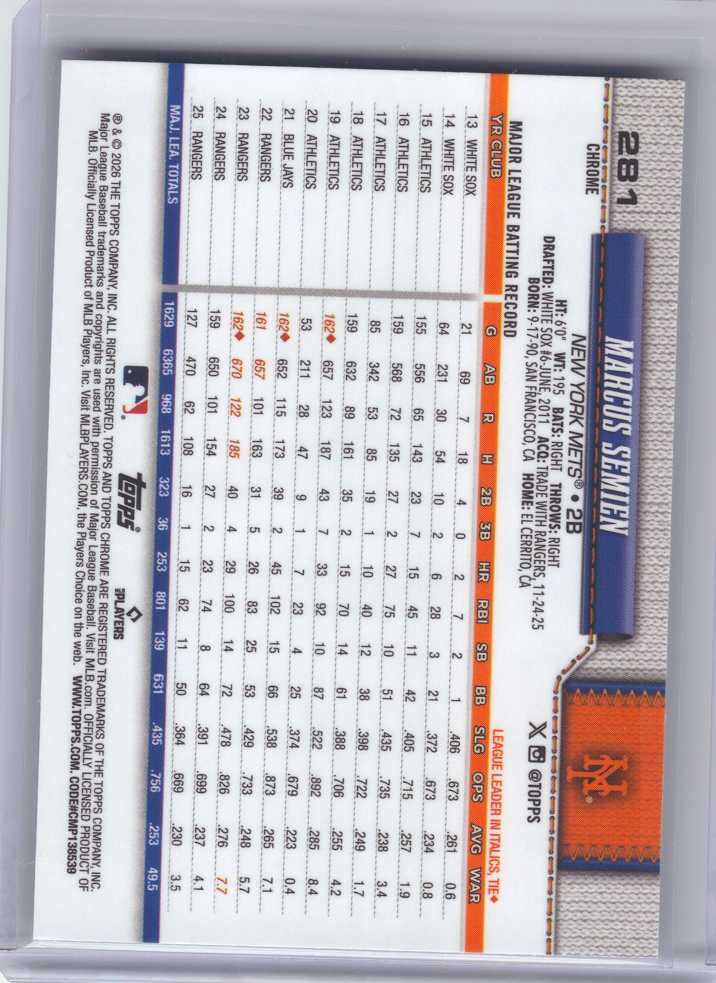 2026 Topps Chrome #281 Marcus Semien X-Fractors New York Mets