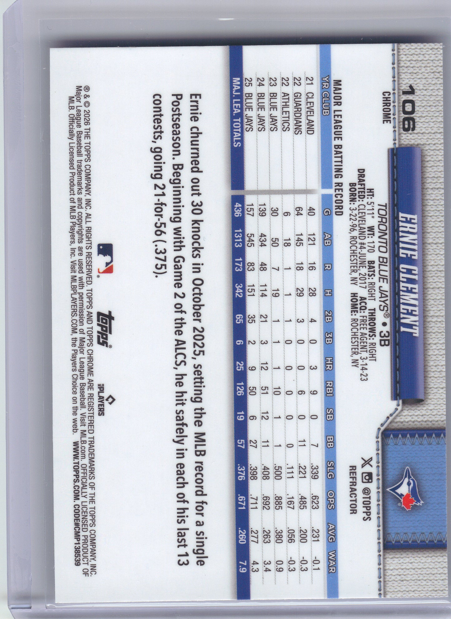 2026 Topps Chrome #106 Ernie Clement Refractors Toronto Blue Jays