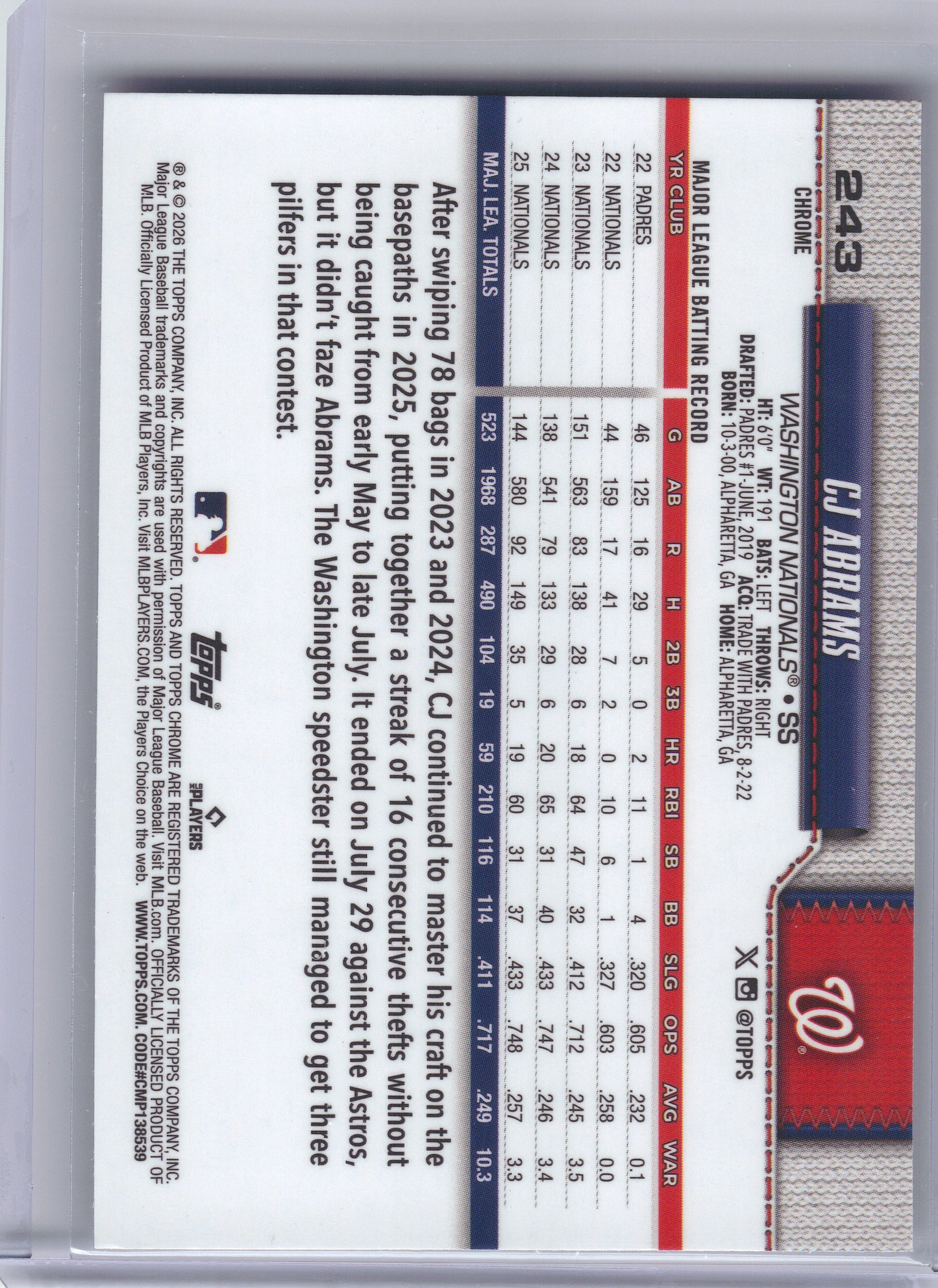 2026 Topps Chrome #243 CJ Abrams X-Fractors Washington Nationals