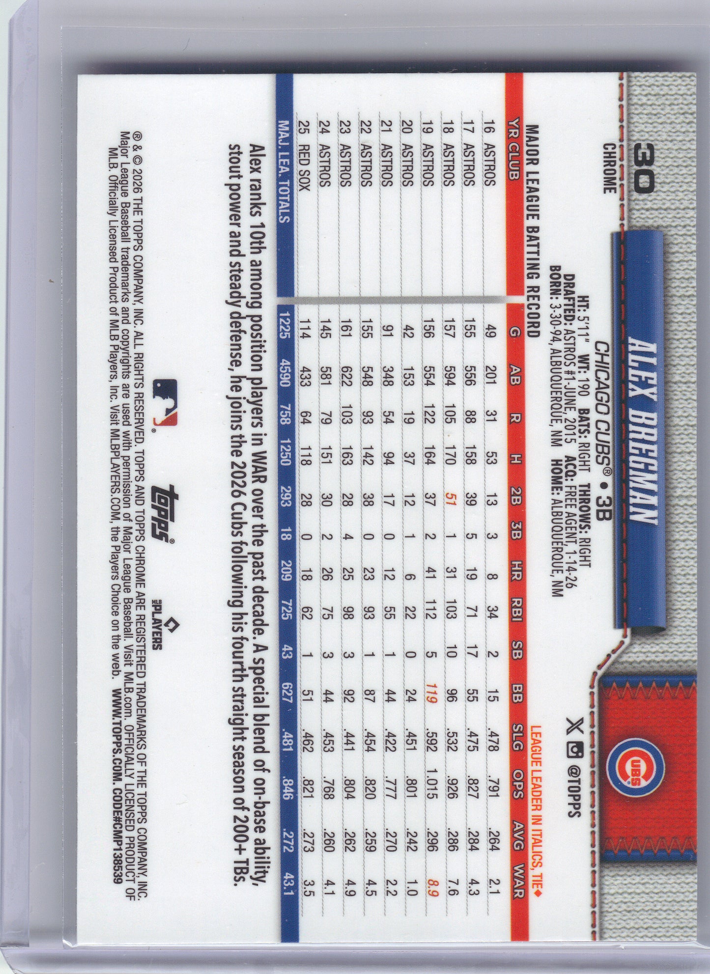 2026 Topps Chrome #30 Alex Bregman X-Fractors Chicago Cubs