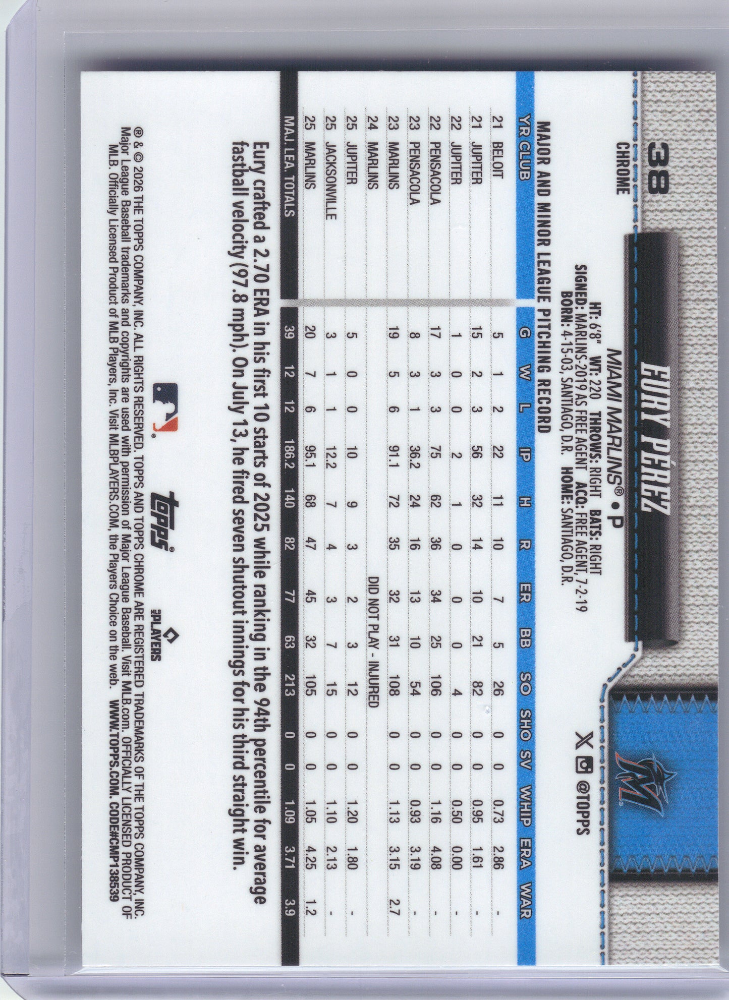 2026 Topps Chrome #38 Eury Pérez X-Fractors Miami Marlins