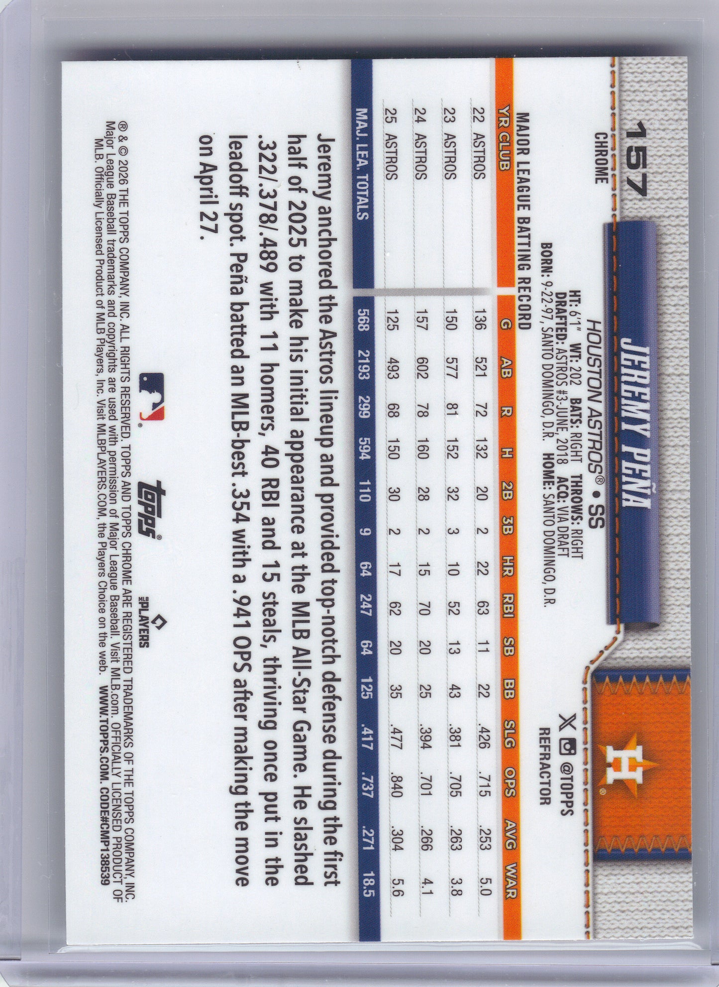 2026 Topps Chrome #157 Jeremy Peña Refractors Houston Astros