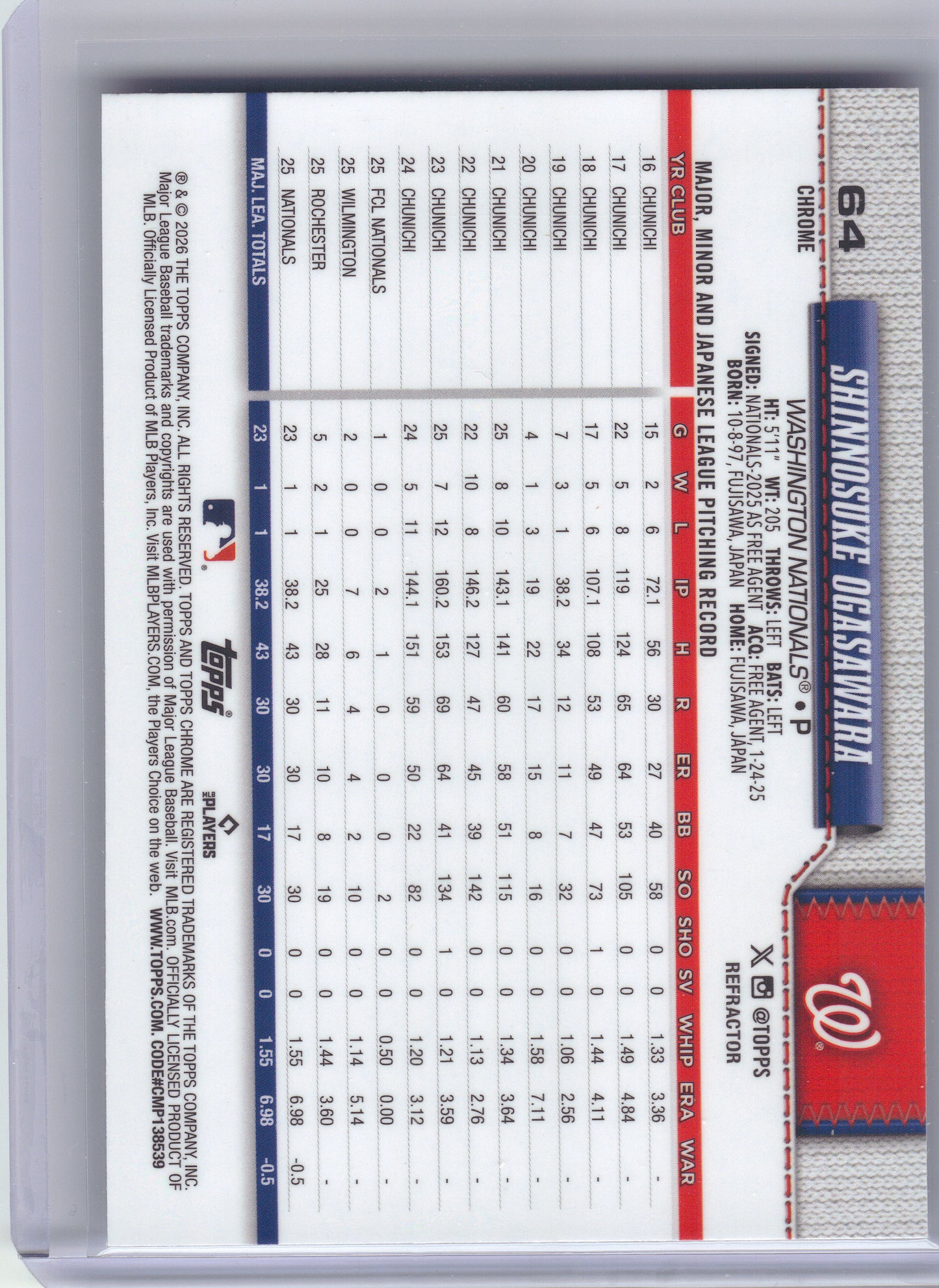 2026 Topps Chrome #64 Shinnosuke Ogasawara Refractors Washington Nationals RC