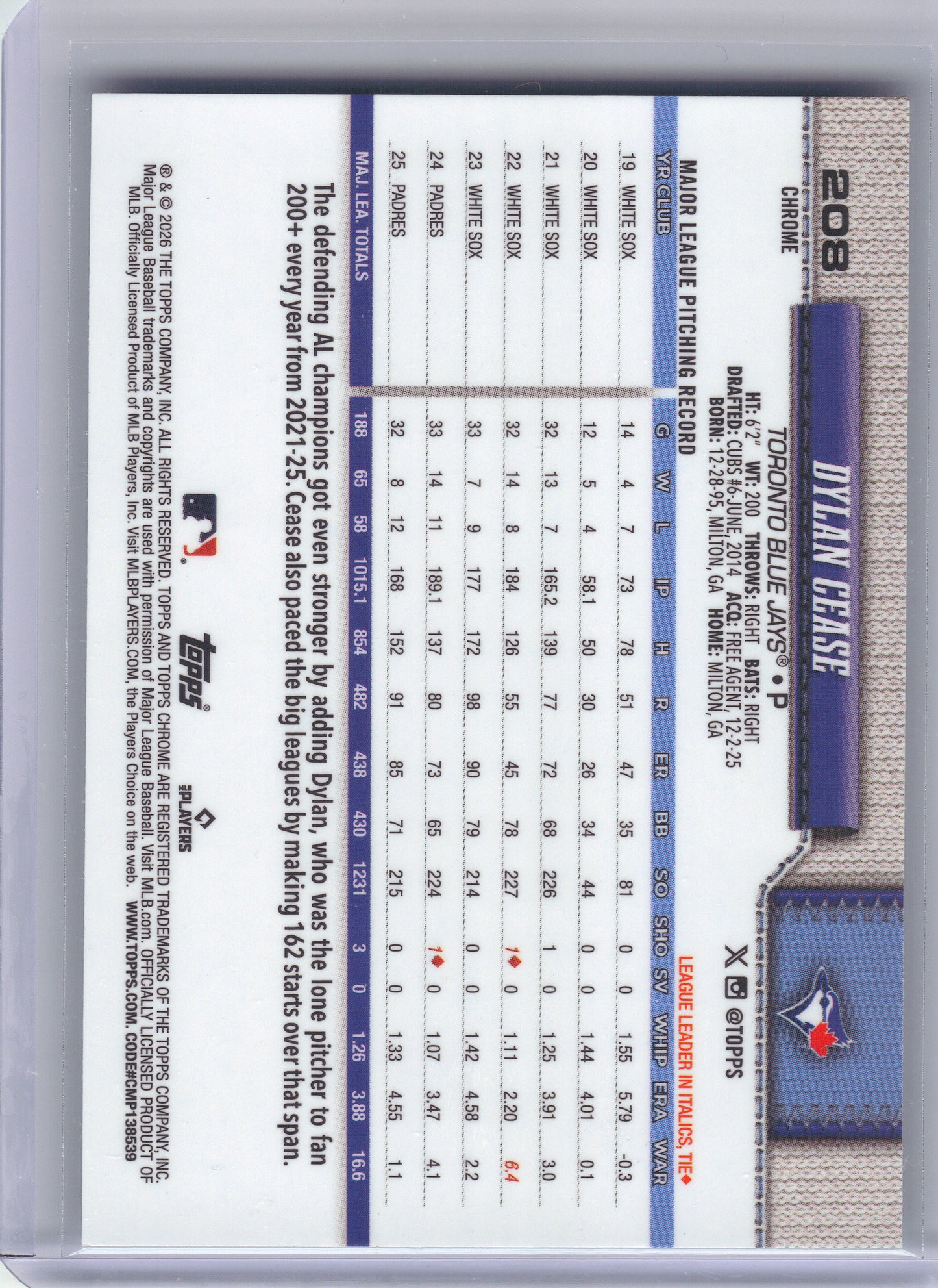 2026 Topps Chrome #208 Dylan Cease Aqua X-Fractors #/199 Toronto Blue Jays SN