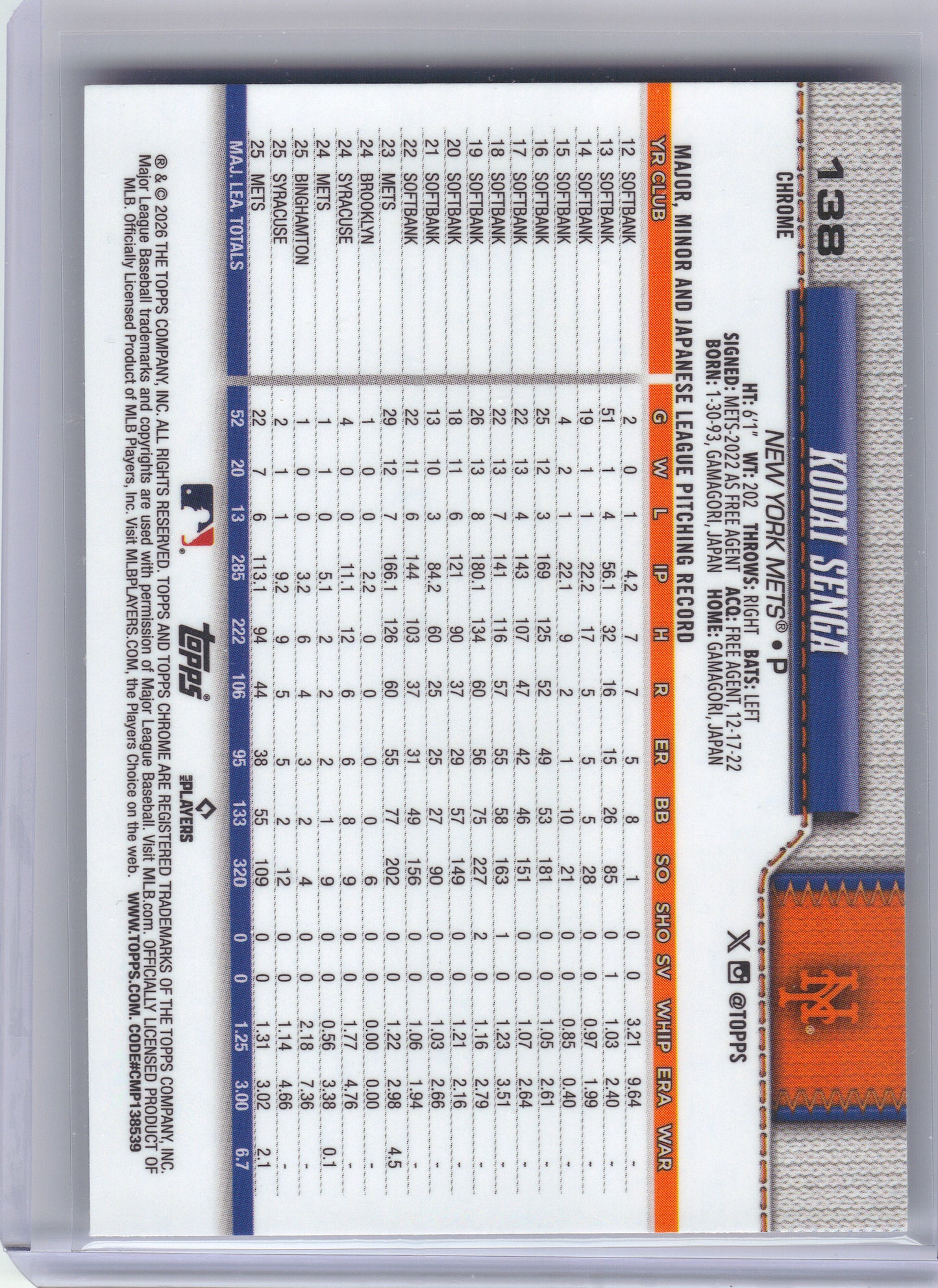 2026 Topps Chrome #138 Kodai Senga X-Fractors New York Mets
