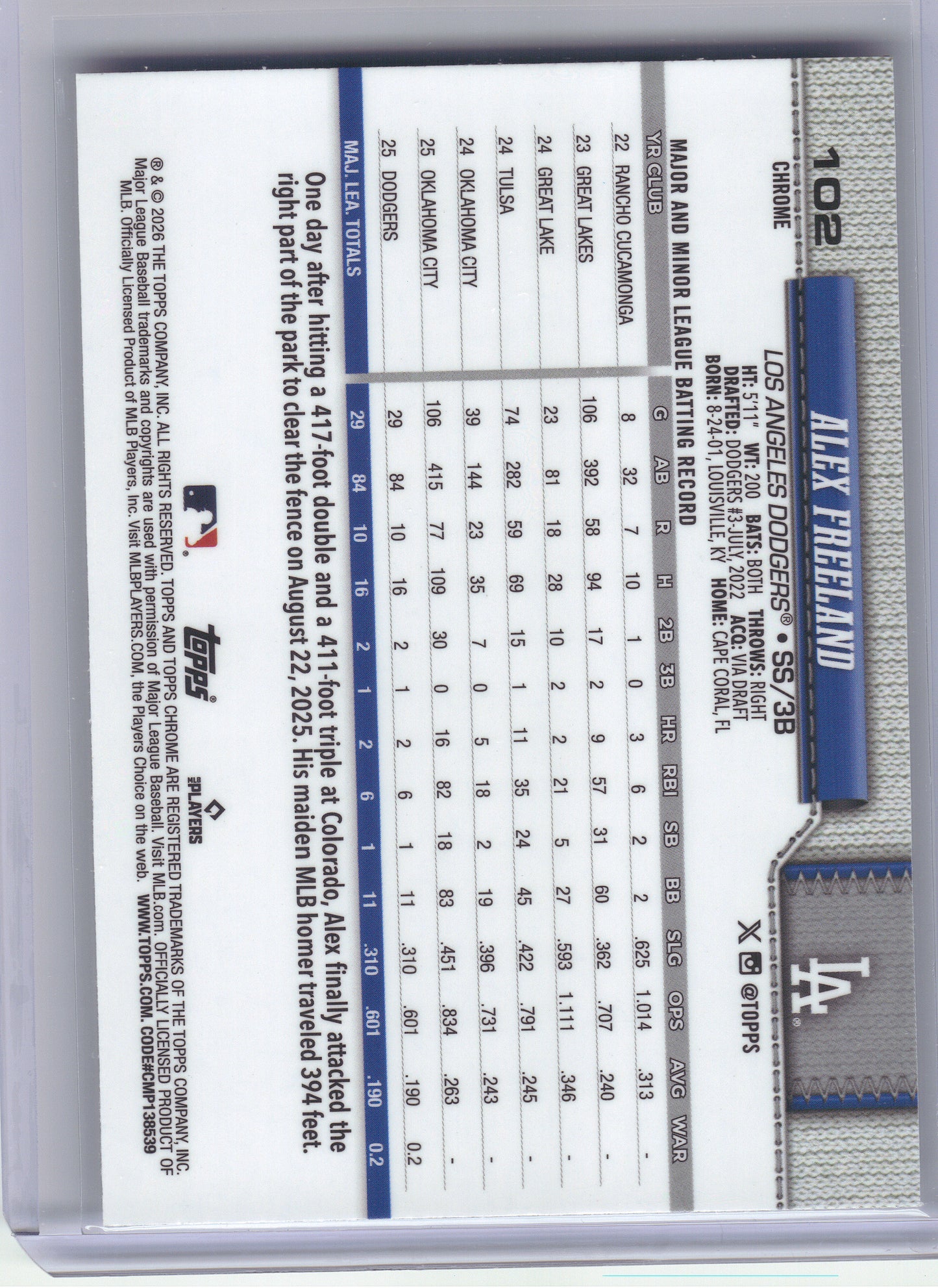 2026 Topps Chrome #102 Alex Freeland Los Angeles Dodgers RC