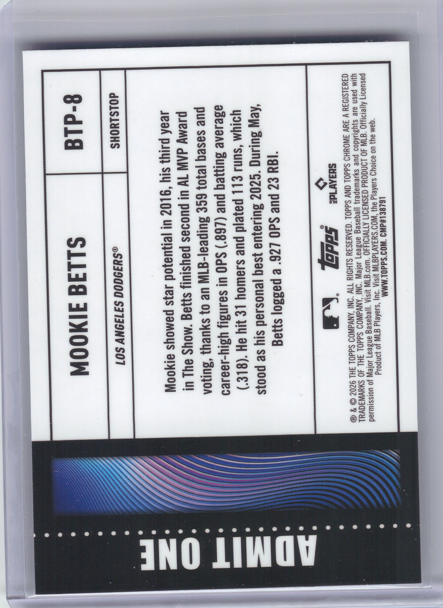 2026 Topps Chrome #BTP-8 Mookie Betts Big Ticket Players Los Angeles Dodgers