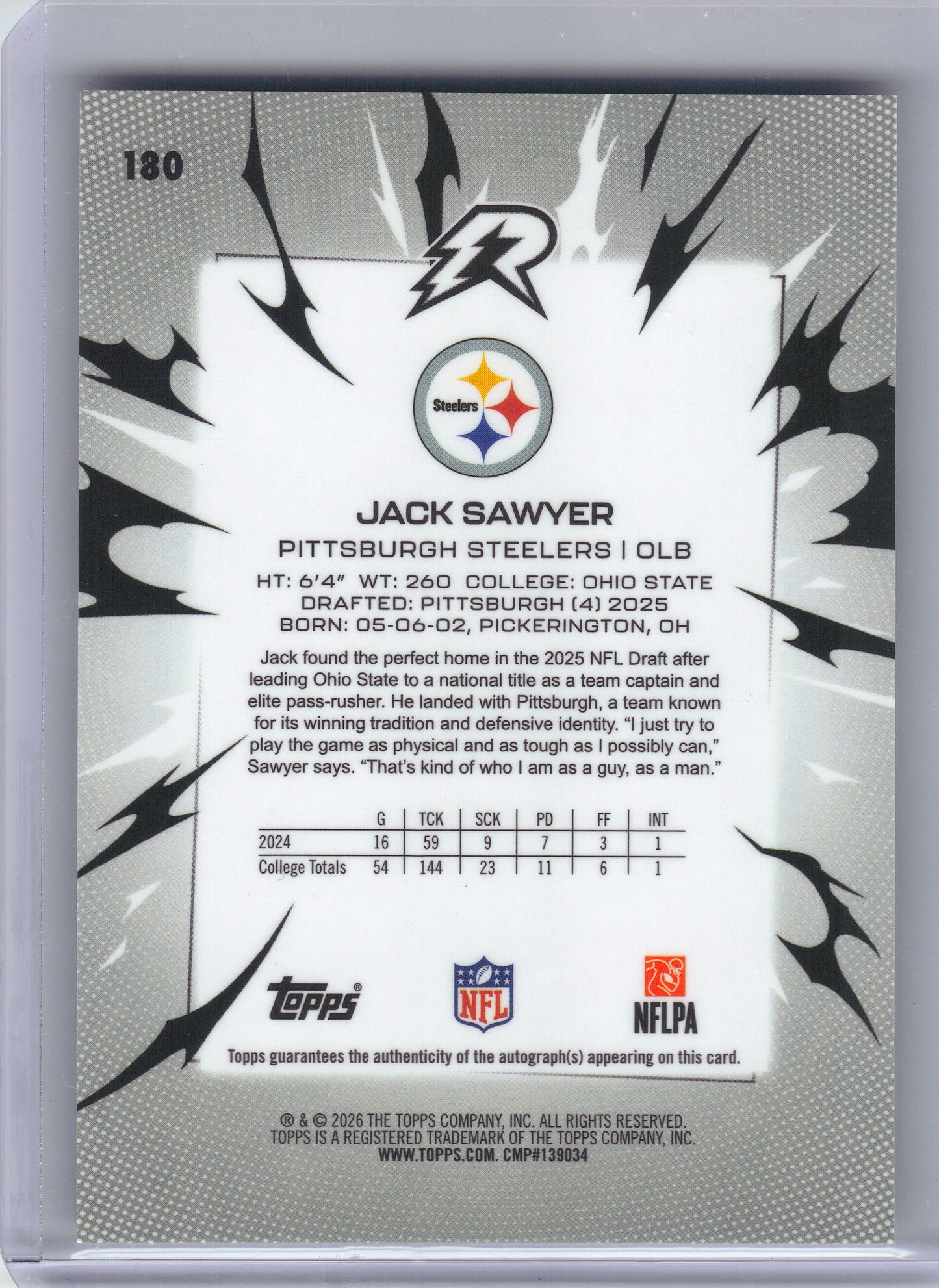 2025 Topps Resurgence #180 Jack Sawyer Signatures Pittsburgh Steelers AU