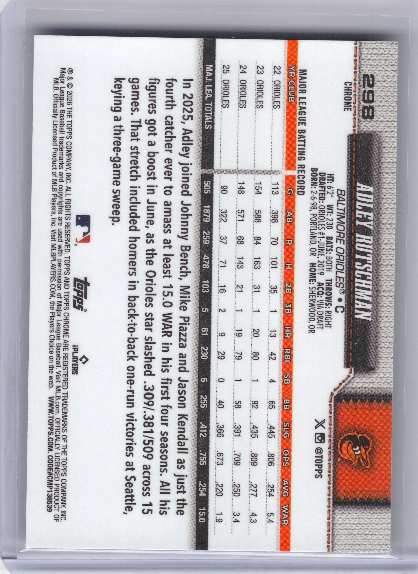 2026 Topps Chrome #298 Adley Rutschman X-Fractors Baltimore Orioles