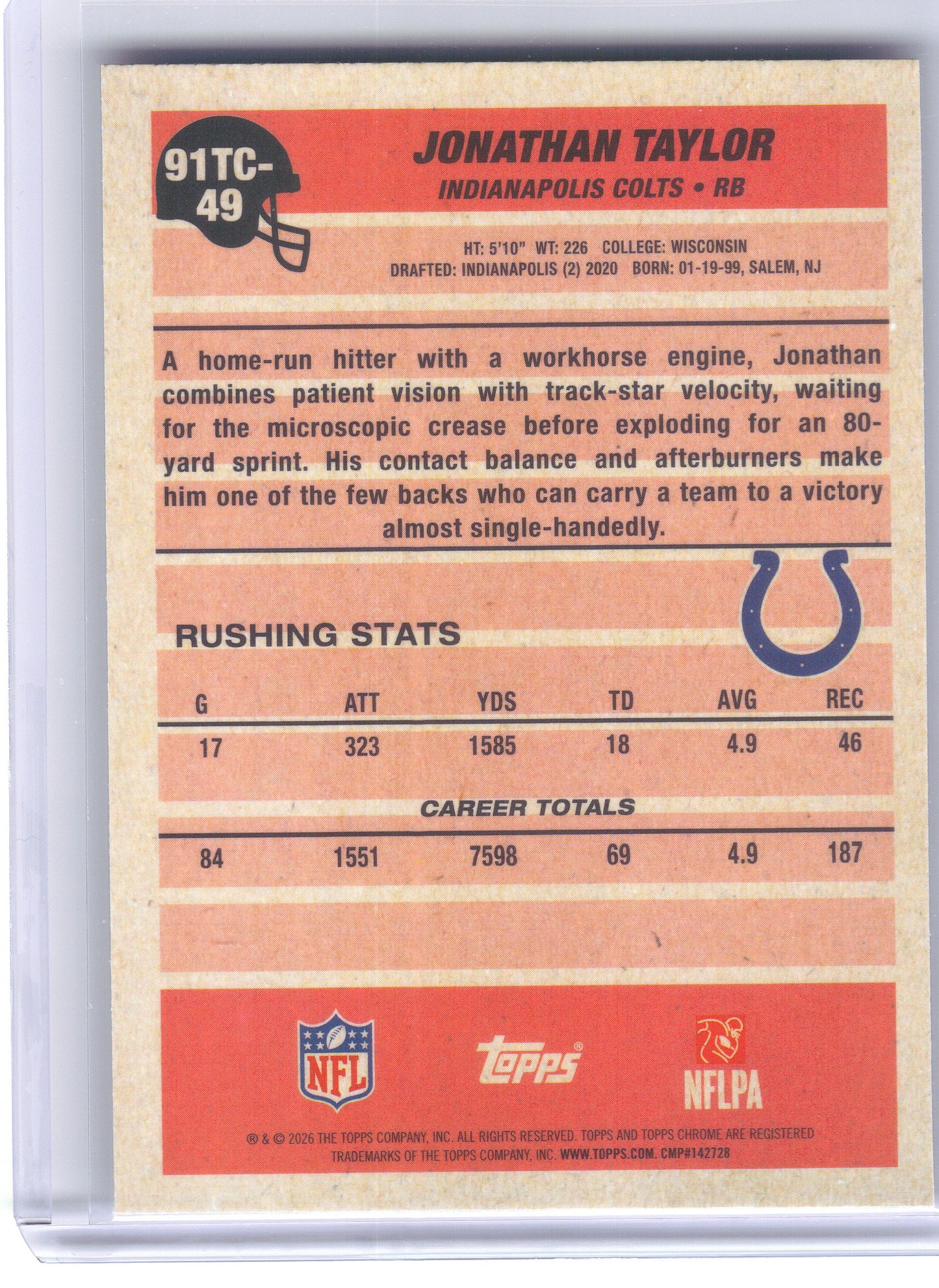 2026 Topps Flagship #91TC-49 Jonathan Taylor 1991 Topps Flagship Football Chrome Mojo Chrome Indianapolis Colts
