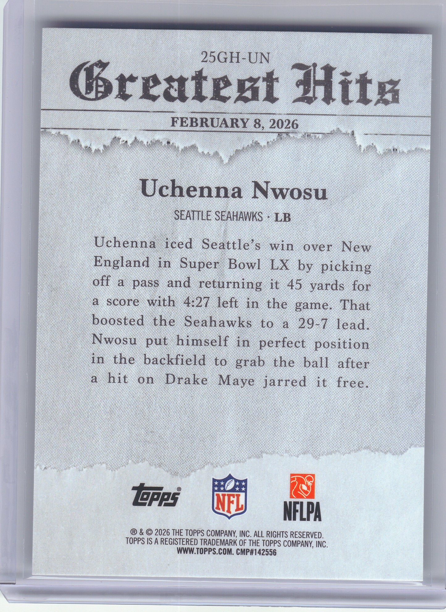 2026 Topps Flagship #25GH-UN Uchenna Nwosu 2025 Greatest Hits Seattle Seahawks